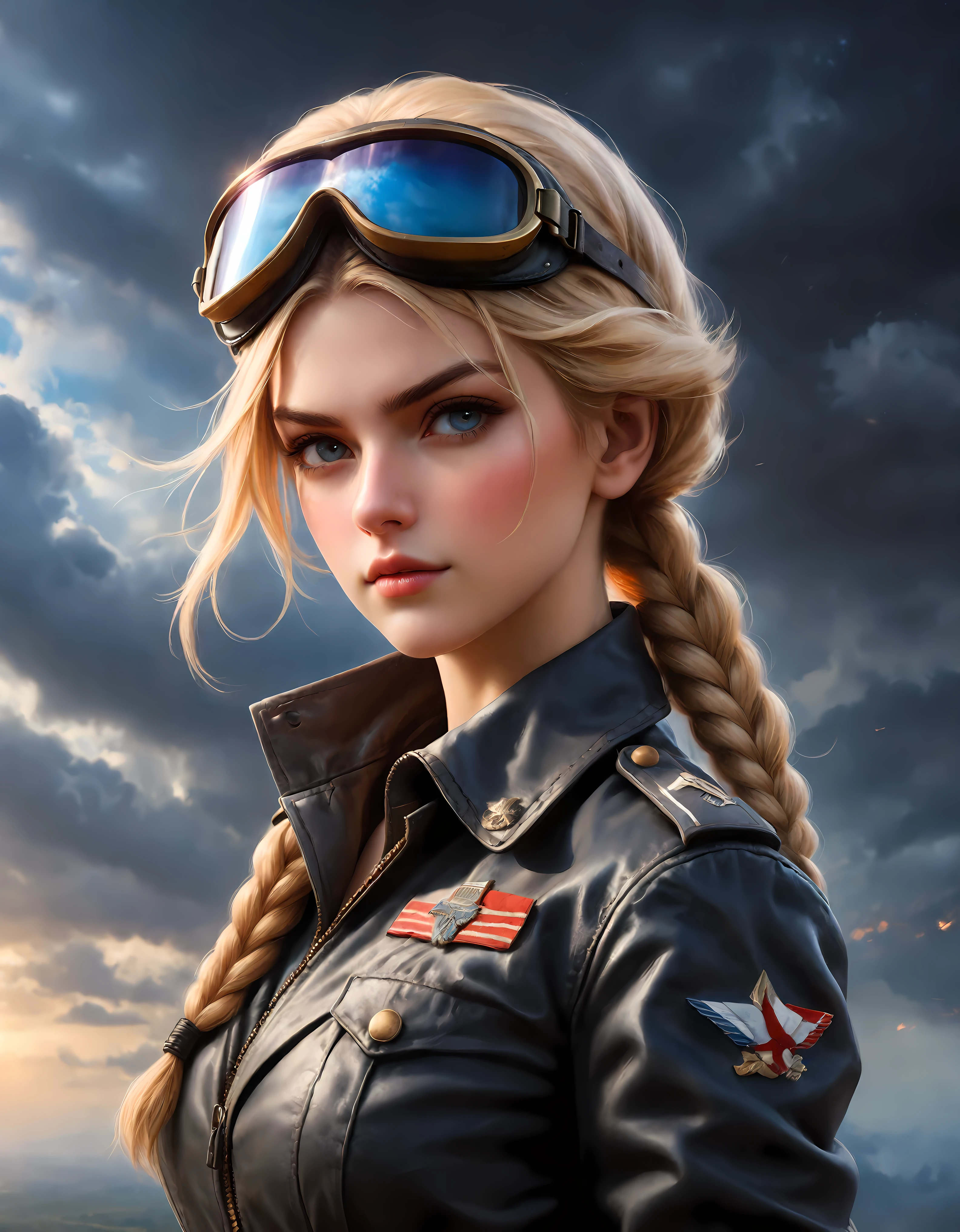 ((Masterpiece in maximum 16K resolution):1.6),((soft_color_photograpy:)1.5), ((Ultra-Detailed):1.4),((Movie-like still images and dynamic angles):1.3), ((Ultra wide angle):1.5) | Create a detailed propaganda poster featuring a double image of a female World War II pilot and a majestic cloudy blue sky. The female pilot should be prominently displayed, wearing a classic World War II combat suit with a leather jacket, leather cap, and goggles. She has blonde hair styled in long braided twin tails and a focused, determined expression. ((braided twin tail hairstyle):1.2). The pilot's image should be bold and inspiring, evoking strength and courage. | Next to or behind the pilot, depict a detailed image of a dramatic sky backdrop filled with clouds. | The poster should have a vintage look with bold, patriotic colors like red, white, blue, and sepia tones. The overall design should convey a sense of urgency, patriotism, and determination, capturing the spirit of the era and encouraging enlistment and support for the war effort. | Rendered in ultra-high definition with UHD and retina quality, this masterpiece ensures anatomical correctness and textured skin with super detail. With a focus on high quality and accuracy, this award-winning portrayal captures every nuance in stunning 16k resolution, immersing viewers in its lifelike depiction. | ((perfect_composition, perfect_design, perfect_layout, perfect_detail, ultra_detailed)), ((enhance_all, fix_everything)), More Detail, Enhance.
