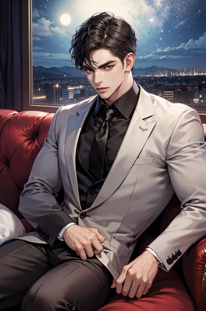 (absurdres, highres, ultra detailed, realistic, ), 1 male, solo, adult, , tall muscular guy, ,(sitting on a sofa,cross-legged), broad shoulders, handsome, very short hair, black hair, brown eyes, angular jaw, thick neck, thick eyebrows, night, dark, the night view of the city background, formal suit, necktie, upper body