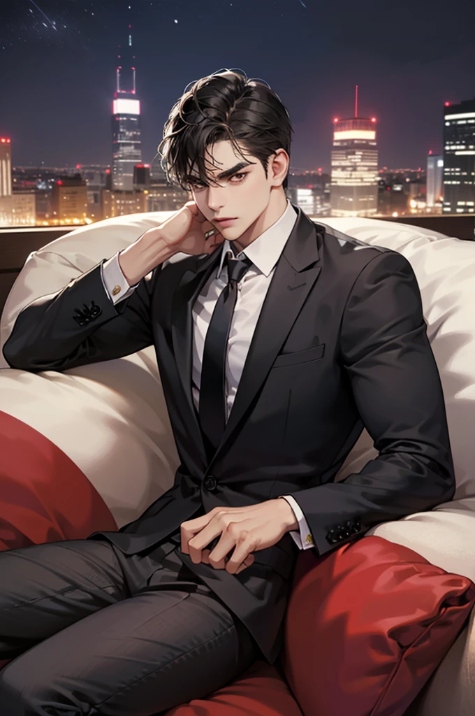 (absurdres, highres, ultra detailed, realistic, ), 1 male, solo, adult, mature, tall muscular guy, ,(sitting on a sofa,cross-legged), broad shoulders, handsome, very short hair, black hair, brown eyes, angular jaw, thick neck, thick eyebrows, night, dark, the night view of the city background, formal suit, necktie, upper body