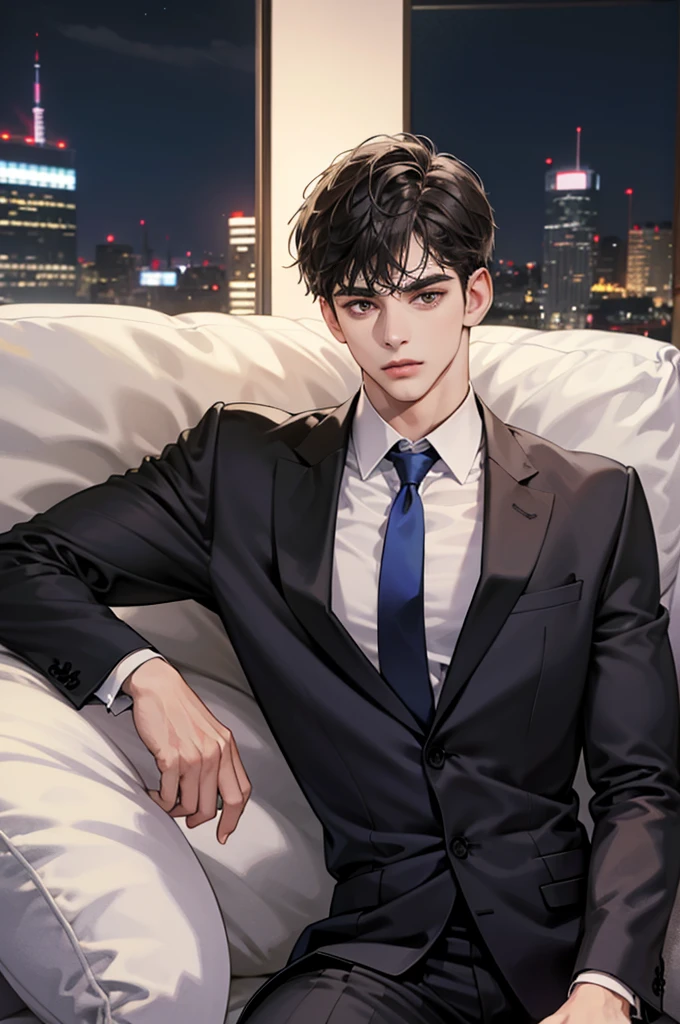 (absurdres, highres, ultra detailed, realistic, ), 1 male, solo, adult, mature, tall muscular guy, ,(sitting on a sofa,cross-legged), broad shoulders, handsome, very short hair, black hair, brown eyes, angular jaw, thick neck, thick eyebrows, night, dark, the night view of the city background, formal suit, necktie, upper body