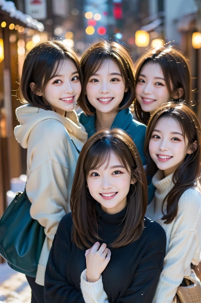 Five beauties,5 girls,smile,18-year-old,winter
