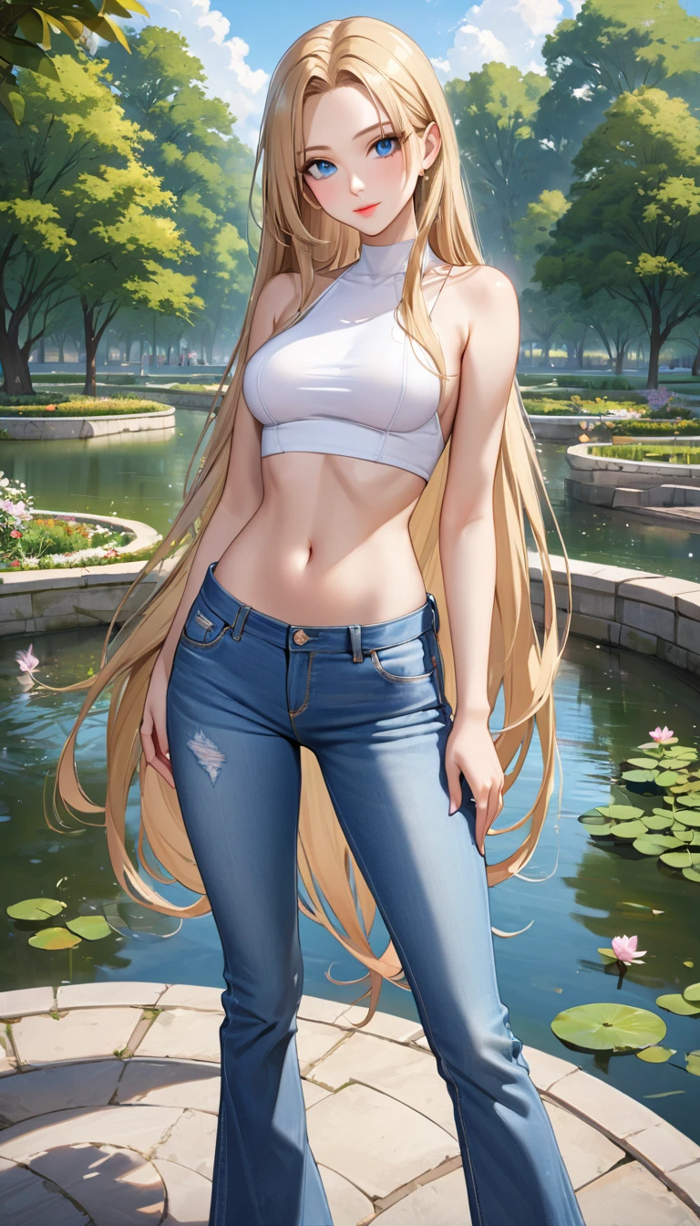 ((best quality, masterpiece:1.3, 8K)), (detailed), highly detailed face and skin texture, detailed eyes, (seductive pose:1.1), park, pond, full body, (slender body:1.1), 1girl, 25 years old, white skin, blue eyes, bright lips, seductive smile, blonde hair, straight hair, very long hair, (forehead:1.0), white croptop, medium breast, hard nipples, navel, jeans pants, (flares jeans:1.1), light blue jeans, black heels,