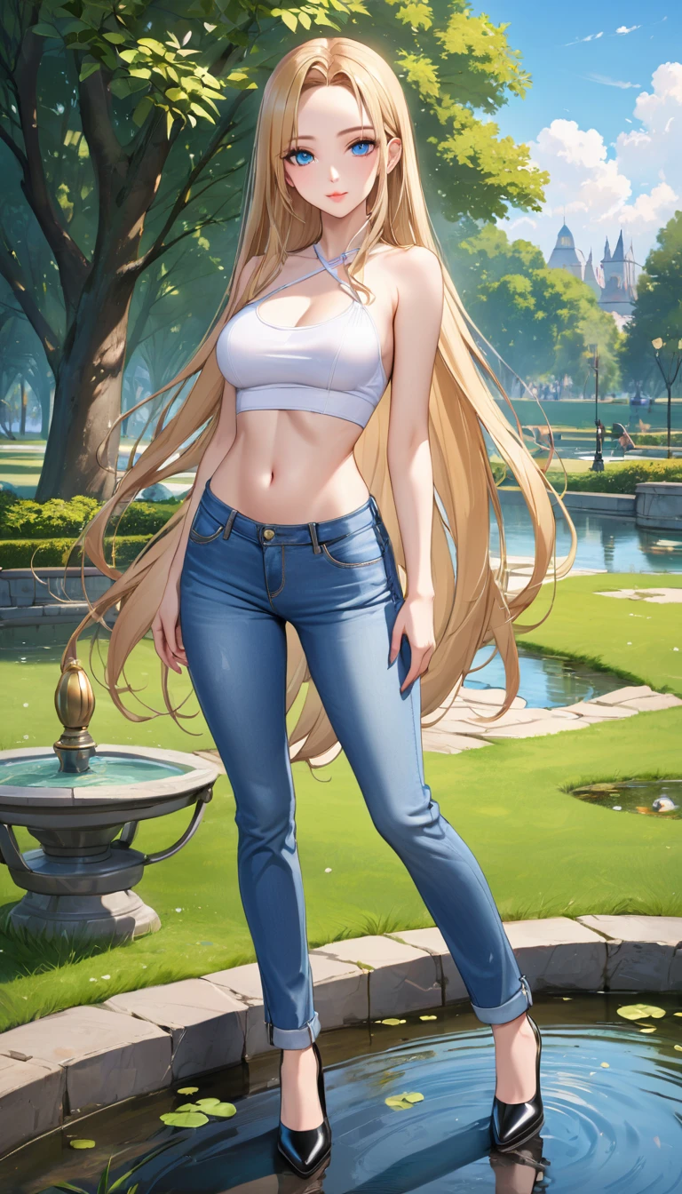 ((best quality, masterpiece:1.3, 8K)), (detailed), highly detailed face and skin texture, detailed eyes, (seductive pose:1.1), park, pond, full body, (slender body:1.1), 1girl, 25 years old, white skin, blue eyes, bright lips, seductive smile, blonde hair, straight hair, very long hair, (forehead:1.0), white croptop, medium breast, hard nipples, navel, jeans pants, (flares jeans:1.1), light blue jeans, black heels,