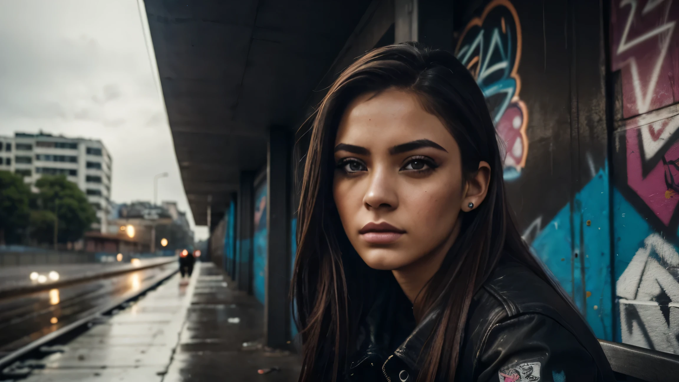 a sad girl sitting on a bench in an urban city, graffiti on a long concrete wall, detailed facial features, beautiful detailed eyes, beautiful detailed lips, extremely detailed face, longeyelashes, photorealistic, 8k, high quality, cinematic lighting, vibrant colors, gritty urban environment, moody atmosphere, realistic textures, hyper detailed