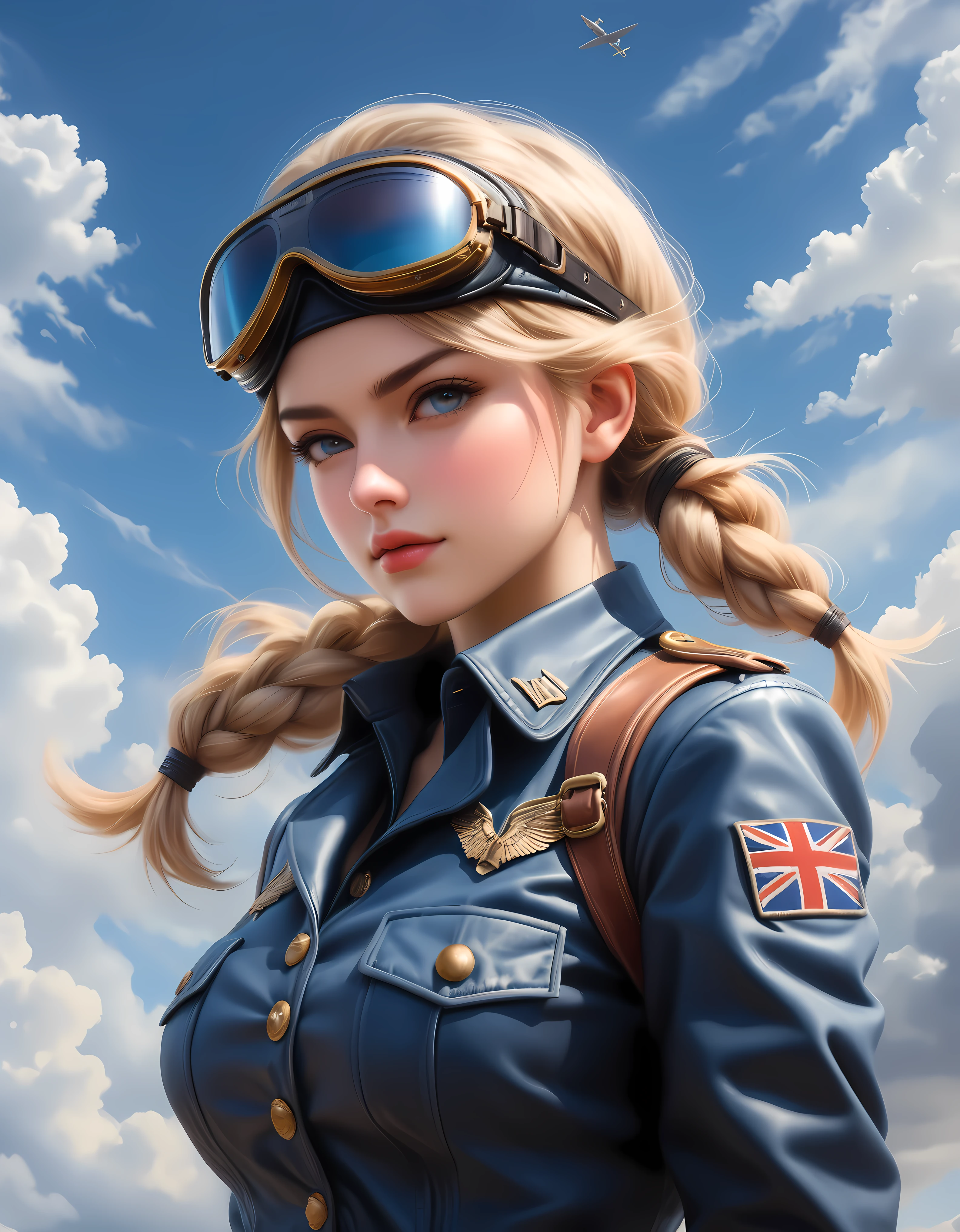 ((Masterpiece in maximum 16K resolution):1.6),((soft_color_photograpy:)1.5), ((Ultra-Detailed):1.4),((Movie-like still images and dynamic angles):1.3), ((Ultra wide angle):1.5) | Create a detailed propaganda poster featuring a double image of a female World War II pilot and a majestic cloudy blue sky. The female pilot should be prominently displayed, wearing a classic World War II combat suit with a leather jacket, leather cap, and goggles. She has blonde hair styled in long braided twin tails and a focused, determined expression. ((braided twin tail hairstyle):1.2). ((empty clouded blue sky):1.2). The pilot's image should be bold and inspiring, evoking strength and courage. | Next to or behind the pilot, depict a detailed image of a dramatic sky backdrop filled with clouds. | The poster should have a vintage look with bold, patriotic colors like red, white, blue, and sepia tones. The overall design should convey a sense of urgency, patriotism, and determination, capturing the spirit of the era and encouraging enlistment and support for the war effort. | Rendered in ultra-high definition with UHD and retina quality, this masterpiece ensures anatomical correctness and textured skin with super detail. With a focus on high quality and accuracy, this award-winning portrayal captures every nuance in stunning 16k resolution, immersing viewers in its lifelike depiction. | ((perfect_composition, perfect_design, perfect_layout, perfect_detail, ultra_detailed)), ((enhance_all, fix_everything)), More Detail, Enhance.
