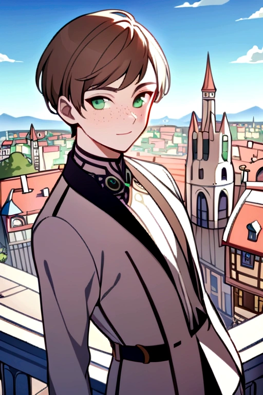 Male, solo, short brown hair, green eyes, freckles, fantasy city background