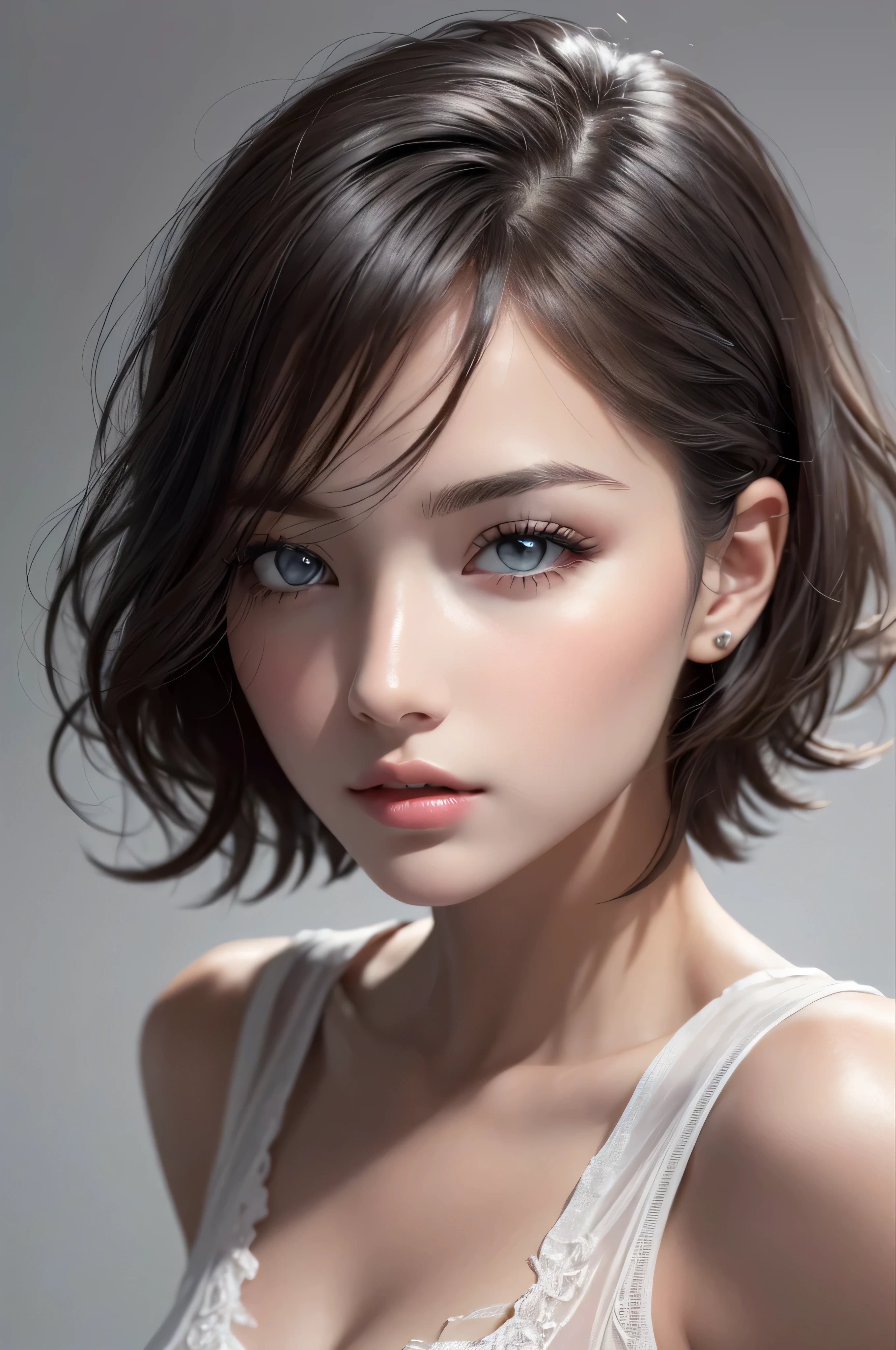 8k Ultra HD、RAWphotograph、Model photo shoot、 European laceasterpiece、Highest quality、Realistic、High resolution、photograph:1.3)、close、focus on、Hot Model、slim、30 year old mature woman、Small face、No makeup、short hair、Beautiful dark brown Hayne eyes、Genuine Skin、(Perfect body)、Sexy hot face、erotic、sexual sight、Beautiful eyes in every detail、Glossy Lips、Small breasts、Small breasts、Bust B cup、((Bright light、Dynamic Lighting、Genuine、Super Genuine、 Realism、Genuine details、Cool Beauty、Cool pose、Background gray、Plain gray background