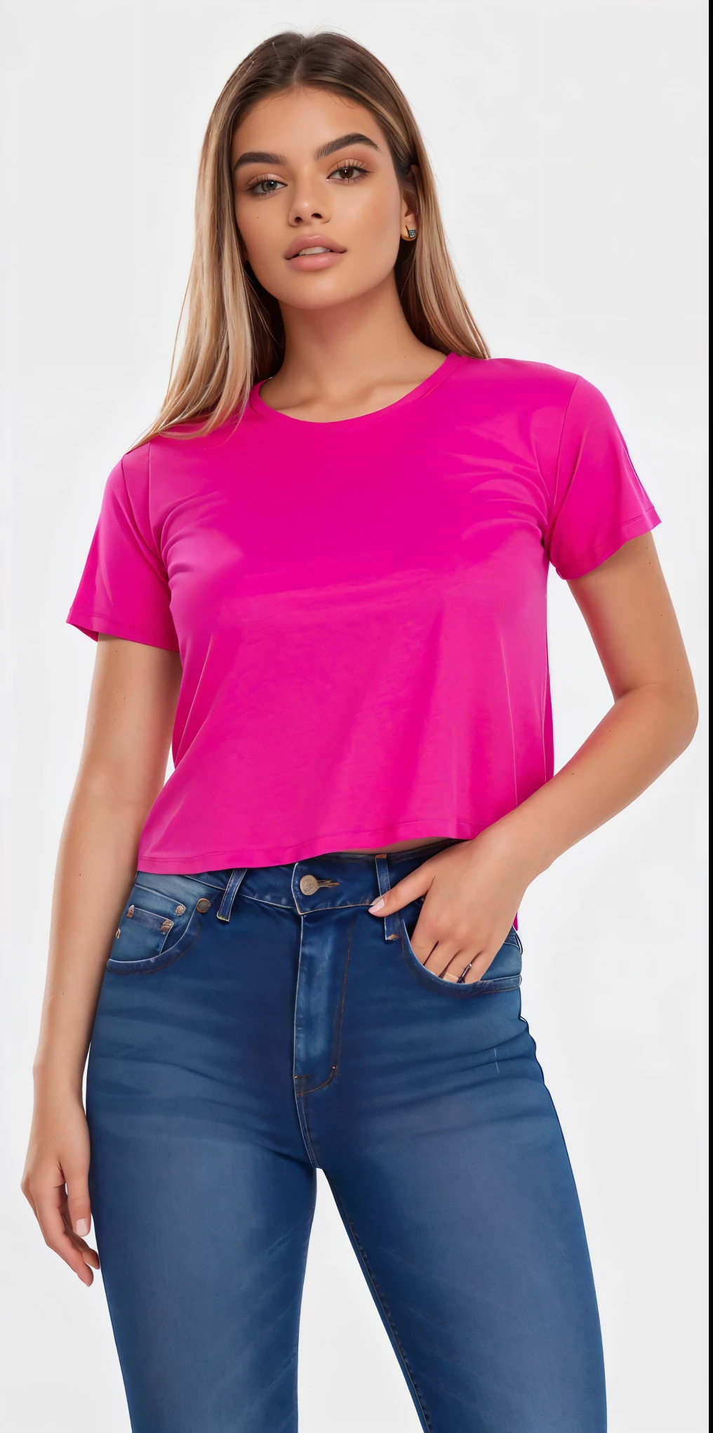 a woman wearing a rosa top and jeans, corte superior, rosa shirt, corte superior, neon rosa, hot rosa, camisa magenta, rosa, camiseta, camiseta, camiseta, with ripped crop camiseta, rosa clothes, rosa vibe, dayglo rosa, FÚCSIA, vibrant rosa, magenta, Roupa casual, rosa girl, ano 2 mil”