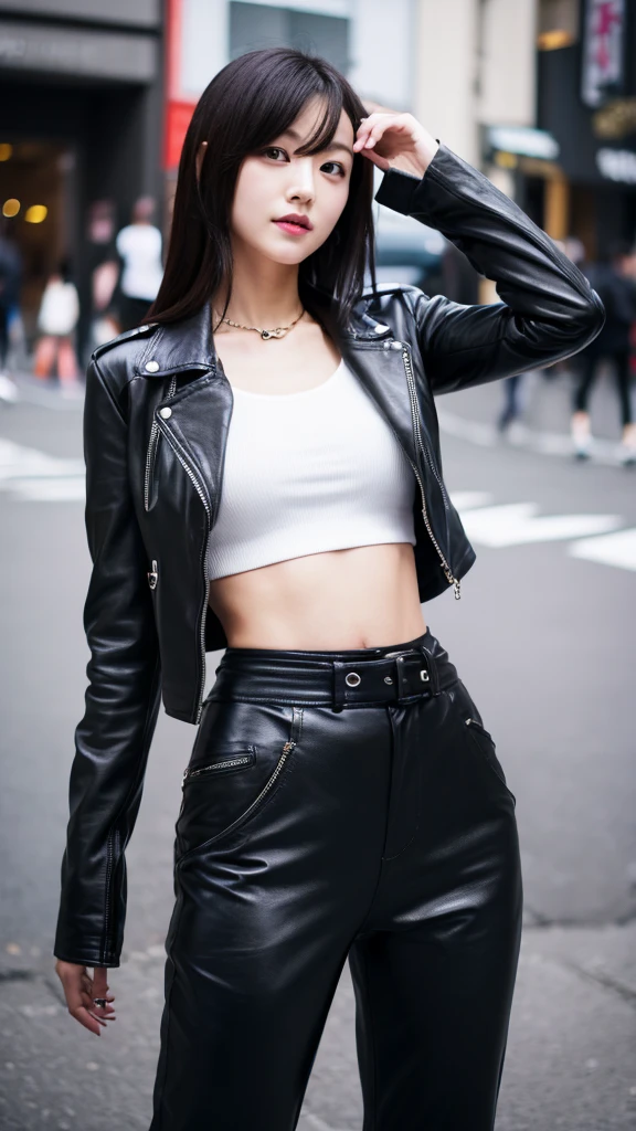 Japanese girl, wearing a black leather jacket, black trousers, black shoes, black crop top, has a slim stomach showing her slim stomach, long black hair, photo in the city, 8k masterpiece, detail, realistic , beautiful face