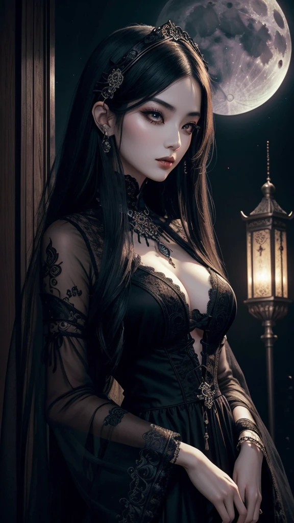 oriental gothic girl,detailed eyes and lips,dark mysterious atmosphere,vibrant colors,romantic moonlit background,flowing black dress,ornate lace details,intricate patterns,exaggerated and dramatic pose,elegant and sensual,smokey makeup,long flowing hair,pale complexion,mystical aura,filigree accessories,moon pendant,hauntingly beautiful,subtle yet captivating expression,ethereal ambiance,fine art painting,high contrast lighting,best quality,ultra-detailed,gothic inspiration,oriental motifs,baroque elements