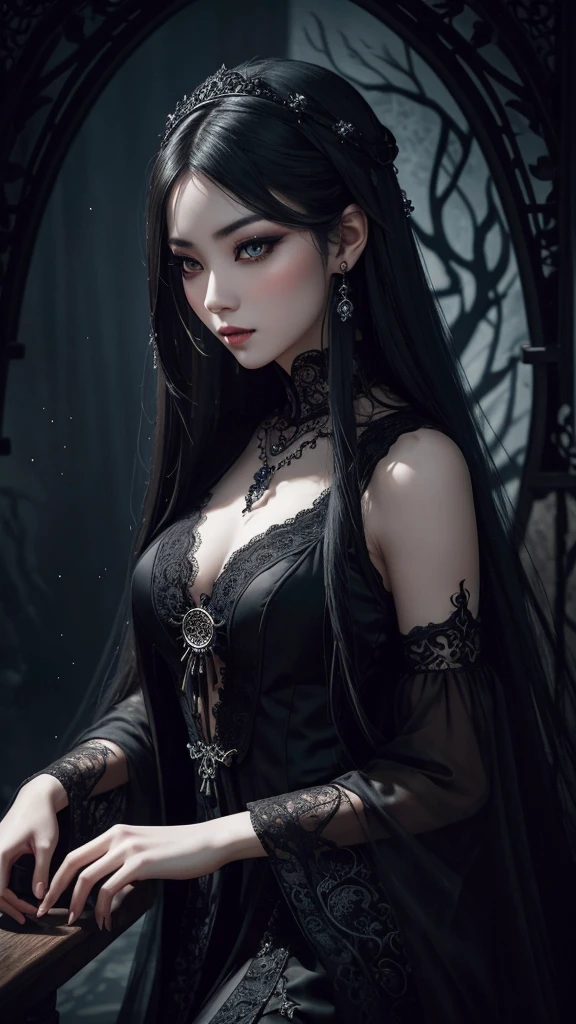oriental gothic girl,detailed eyes and lips,dark mysterious atmosphere,vibrant colors,romantic moonlit background,flowing black dress,ornate lace details,intricate patterns,exaggerated and dramatic pose,elegant and sensual,smokey makeup,long flowing hair,pale complexion,mystical aura,filigree accessories,moon pendant,hauntingly beautiful,subtle yet captivating expression,ethereal ambiance,fine art painting,high contrast lighting,best quality,ultra-detailed,gothic inspiration,oriental motifs,baroque elements