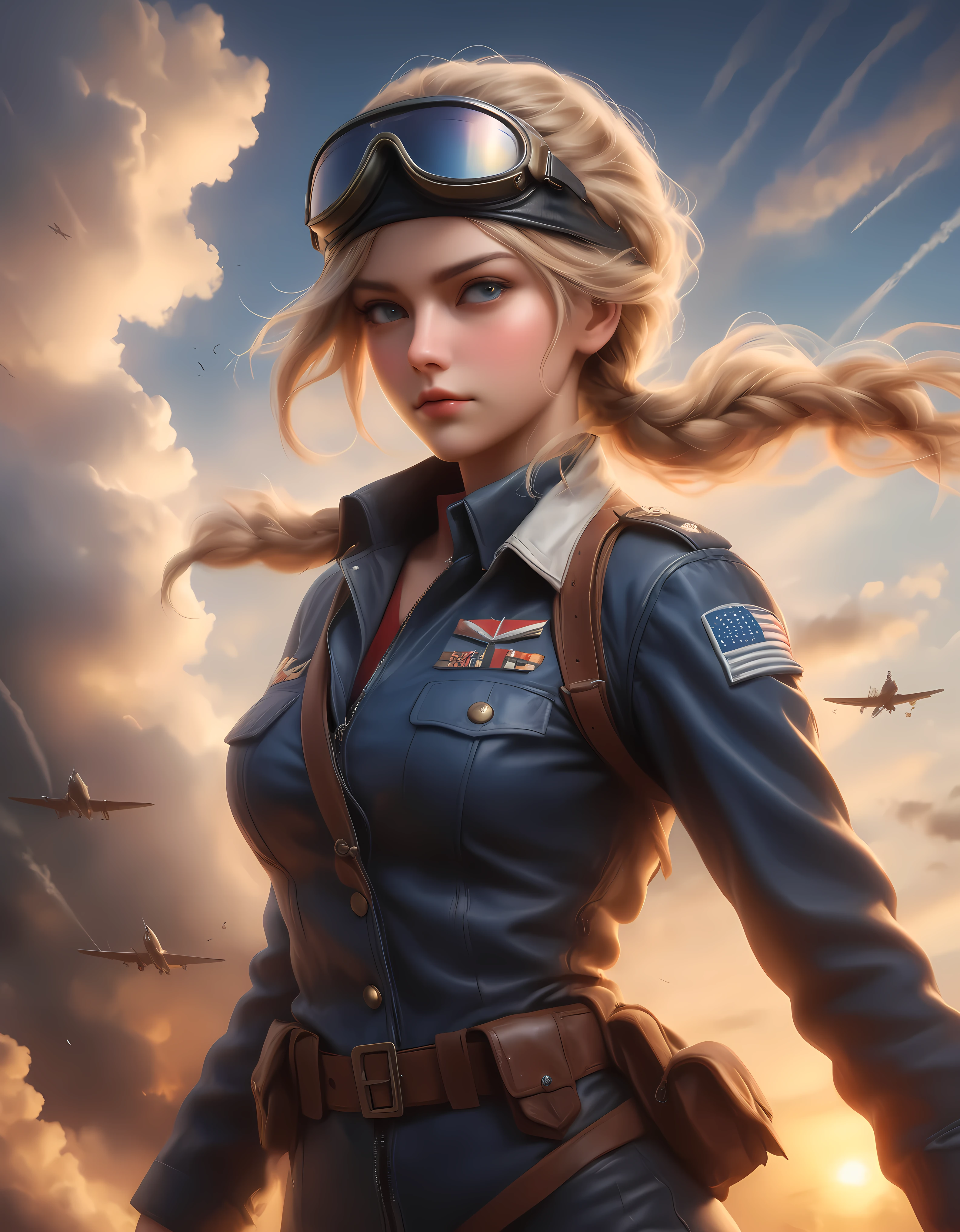 ((Masterpiece in maximum 16K resolution):1.6),((soft_color_photograpy:)1.5), ((Ultra-Detailed):1.4),((Movie-like still images and dynamic angles):1.3), ((Ultra wide angle):1.5) | Create a detailed propaganda poster featuring a double image of a female World War II pilot and a majestic cloudy blue sky. The female pilot should be prominently displayed, wearing a classic World War II combat suit with a leather jacket, leather cap, and goggles. She has blonde hair styled in long braided twin tails and a focused, determined expression. ((braided twin tail hairstyle):1.2). The pilot's image should be bold and inspiring, evoking strength and courage. | Next to or behind the pilot, depict a detailed image of a dramatic sky backdrop filled with clouds. | The poster should have a vintage look with bold, patriotic colors like red, white, blue, and sepia tones. The overall design should convey a sense of urgency, patriotism, and determination, capturing the spirit of the era and encouraging enlistment and support for the war effort. | Rendered in ultra-high definition with UHD and retina quality, this masterpiece ensures anatomical correctness and textured skin with super detail. With a focus on high quality and accuracy, this award-winning portrayal captures every nuance in stunning 16k resolution, immersing viewers in its lifelike depiction. | ((perfect_composition, perfect_design, perfect_layout, perfect_detail, ultra_detailed)), ((enhance_all, fix_everything)), More Detail, Enhance.
