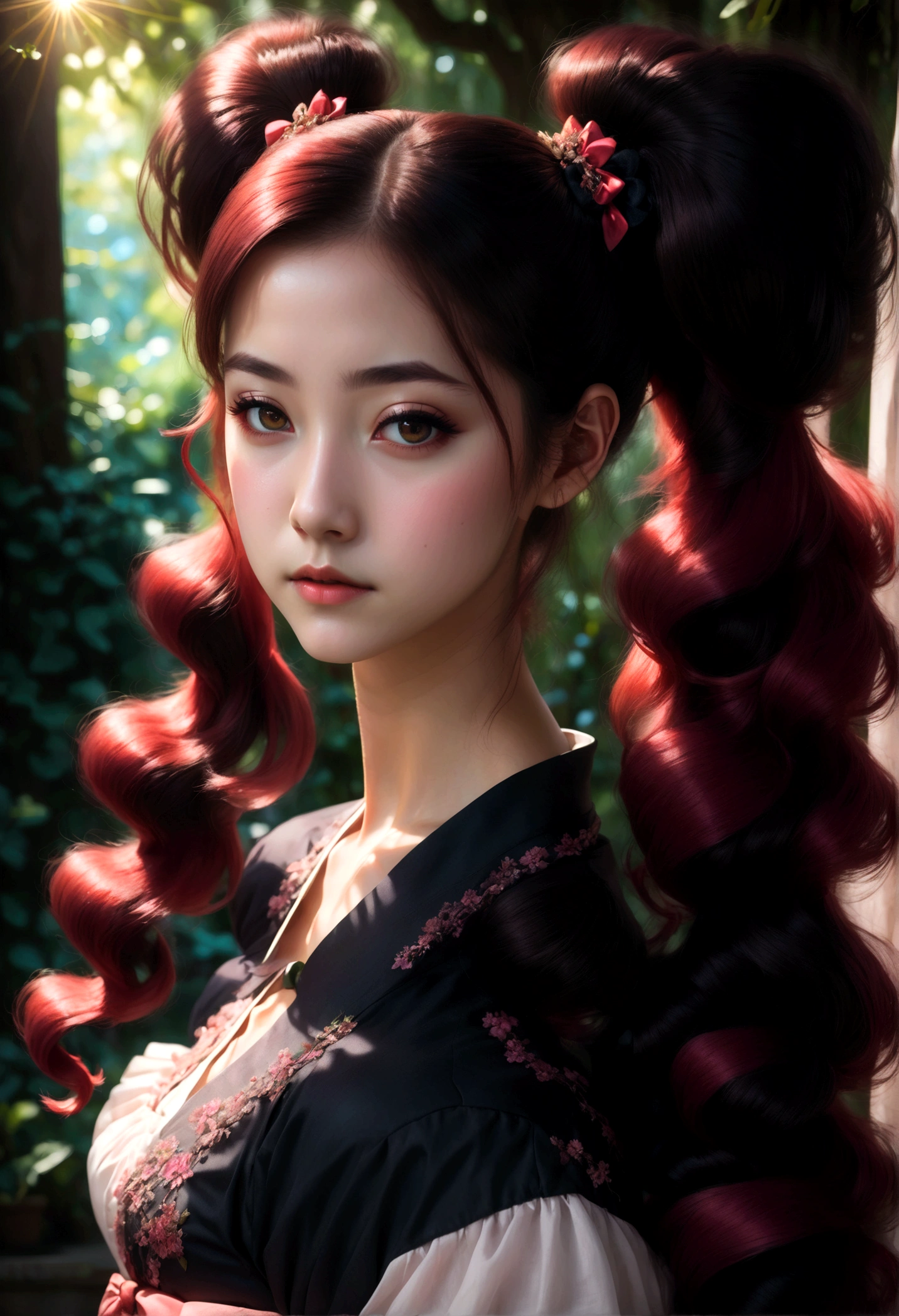 1girl, Twin Tails, A beautiful young girl with twin tails hairstyle, extremely detailed eyes and face, longeyes, flowing hair, intricate dress, delicate features, serene expression, standing in a lush garden, sunlight filtering through the trees, vibrant colors, warm lighting, (4k,8k,highres:1.2), ultra-detailed, portrait, fantasy, masterpiece, best quality, very aesthetic, absurdres