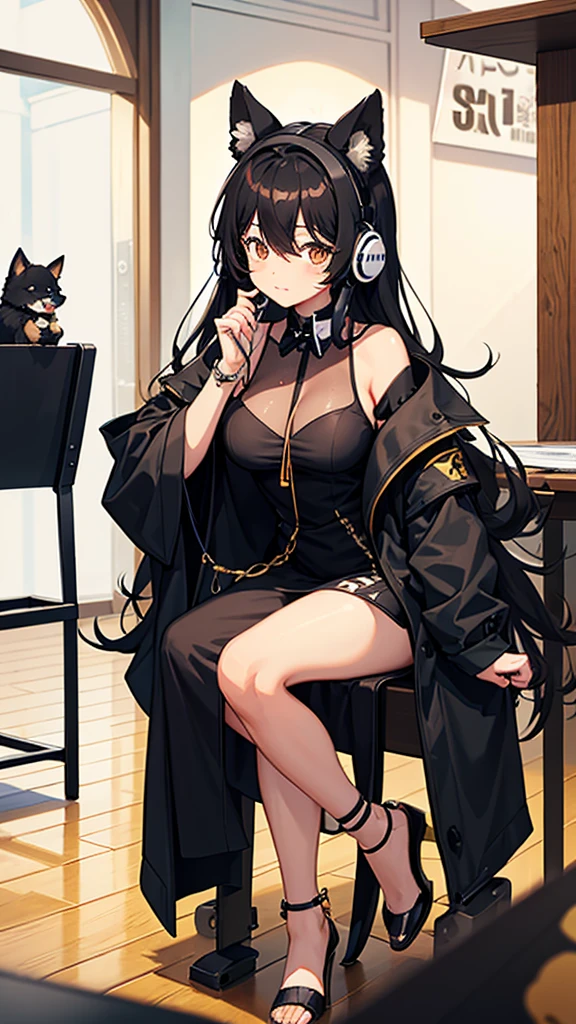 Black and tan Pomeranian with a Shiba Inu cut、In the background, a person is studying on a computer with headphones on in a stylish cafe.,Listening to LoFi music