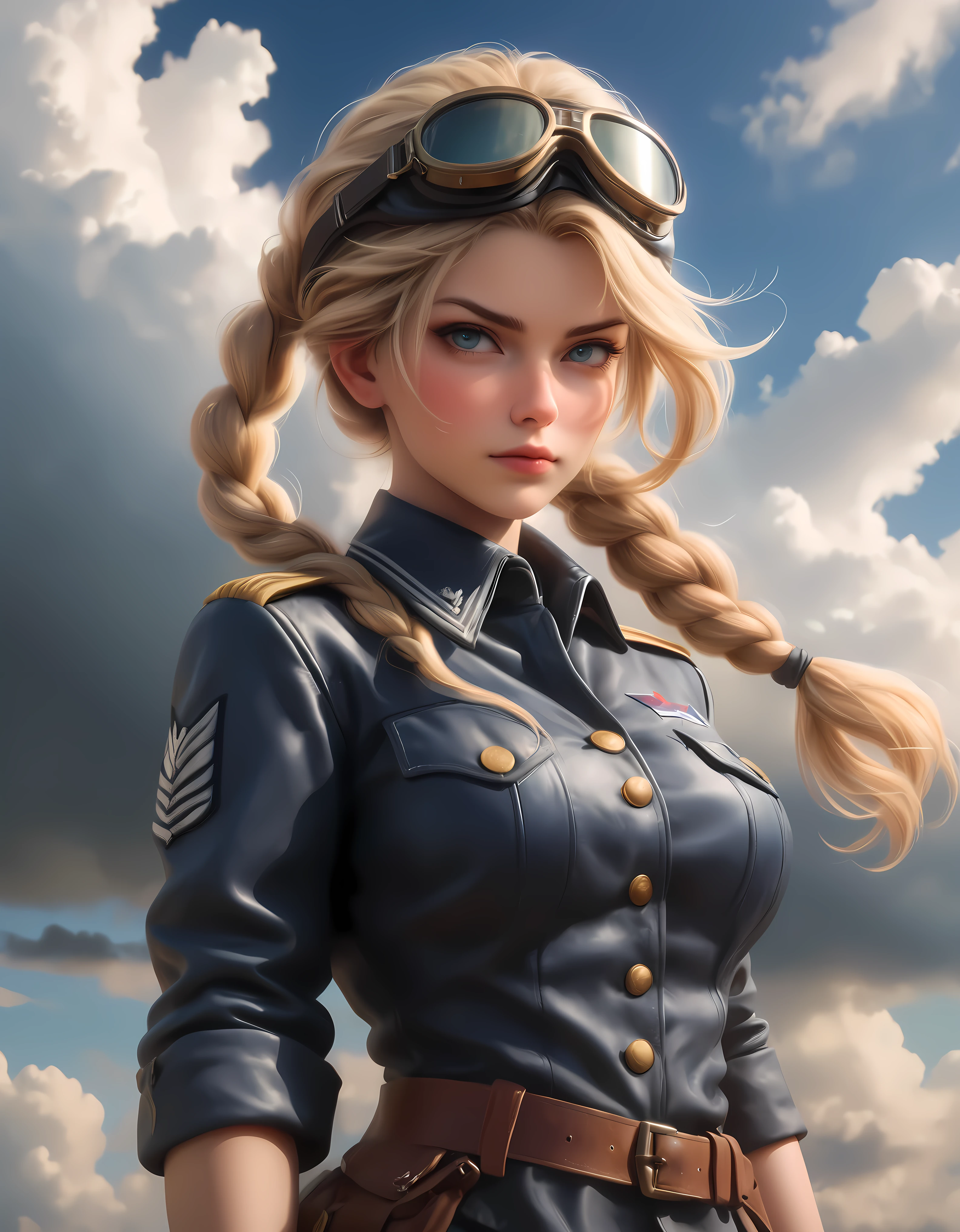 ((Masterpiece in maximum 16K resolution):1.6),((soft_color_photograpy:)1.5), ((Ultra-Detailed):1.4),((Movie-like still images and dynamic angles):1.3), ((Ultra wide angle):1.5) | Create a detailed propaganda poster featuring a double image of a female World War II pilot and a majestic cloudy blue sky. The female pilot should be prominently displayed, wearing a classic World War II combat suit with a leather jacket, leather cap, and goggles. She has blonde hair styled in long braided twin tails and a focused, determined expression. ((braided twin tail hairstyle):1.5). The pilot's image should be bold and inspiring, evoking strength and courage. | Next to or behind the pilot, depict a detailed image of a dramatic sky backdrop filled with clouds. | The poster should have a vintage look with bold, patriotic colors like red, white, blue, and sepia tones. The overall design should convey a sense of urgency, patriotism, and determination, capturing the spirit of the era and encouraging enlistment and support for the war effort. | Rendered in ultra-high definition with UHD and retina quality, this masterpiece ensures anatomical correctness and textured skin with super detail. With a focus on high quality and accuracy, this award-winning portrayal captures every nuance in stunning 16k resolution, immersing viewers in its lifelike depiction. | ((perfect_composition, perfect_design, perfect_layout, perfect_detail, ultra_detailed)), ((enhance_all, fix_everything)), More Detail, Enhance.