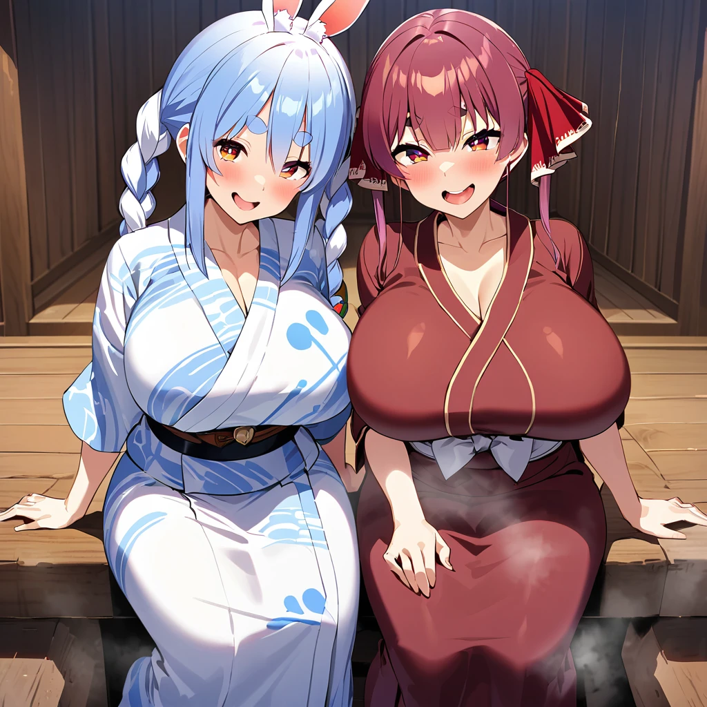 usada pekora,houshou marine,2girl,open mouth,yukata,super huge breasts,looking at viewer,Sitting on wooden steps,Lined up,footbath