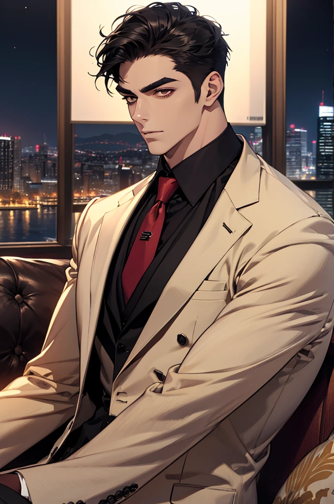 (absurdres, highres, ultra detailed, realistic, ), 1 male, solo, adult, mature, tall muscular guy, ,（sitting on a sofa,cross-legged）, broad shoulders, handsome, very short hair, black hair, brown eyes, angular jaw, thick neck, thick eyebrows, night, dark, the night view of the city background, formal suit, necktie, upper body