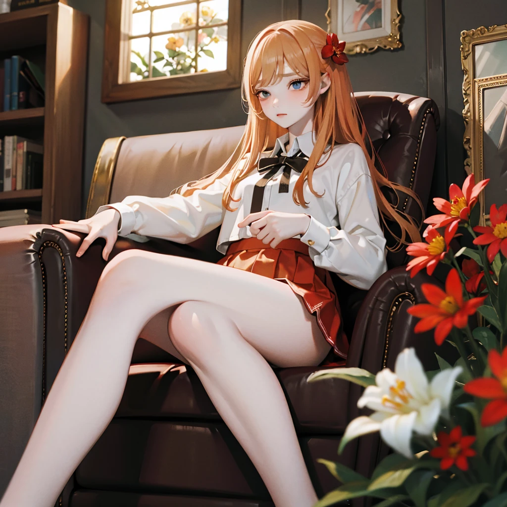 masterpiece, Highest quality, 8k wallpaper, Very detailed, A girl , (Golden Hair:1.1), Long Hair, fine grain、(Red Skirt)、 White dress shirt,(A single large red flower hair ornament:1.1)，Light blue eyes、drunken eyes ，looking down、embarrassed，ceiling，Sitting in a chair、barefoot、footjob、Panties partially removed，Spread your legs