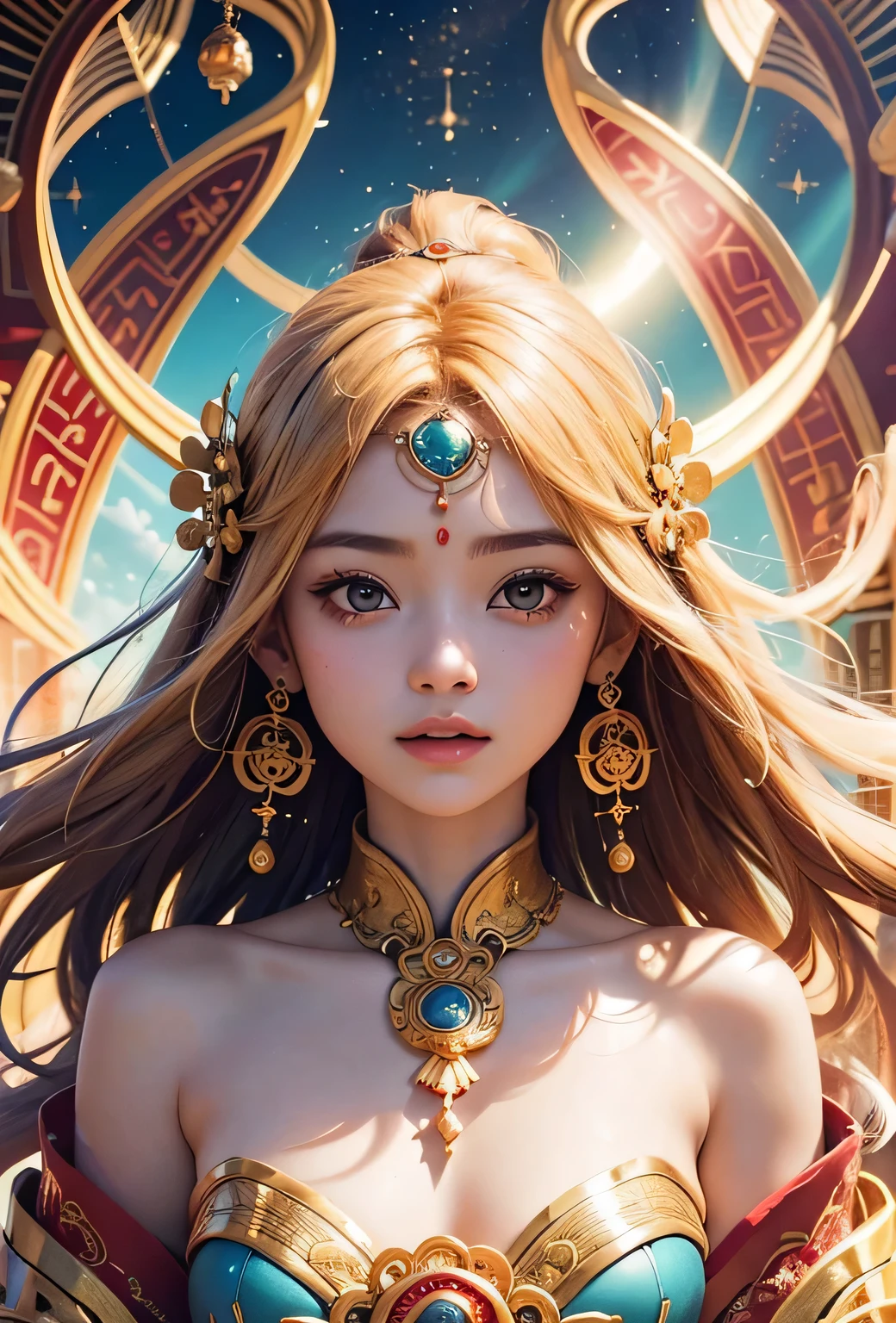 "Child of the Sun, Goddess of Love": Within a sacred sanctuary bathed in sunlight, depict the figure of a sun goddess who governs love, facing forward and emanating divine radiance. She is a , around 3 years old. Zoom in to focus on her face, with a gleaming orb of light in her hands, representing the life-giving power of the sun. Her hair is shimmering gold, and she is wearing a traditional miko outfit as seen in Japanese shrines. The background should be predominantly gold, evoking a sense of divine splendor, with numerous heart-themed objects expressing the beauty of love. The setting is in heaven, enveloped in soft, bright light, where one can find tranquility and peace of mind, free from any trace of anxiety.Straight-on.