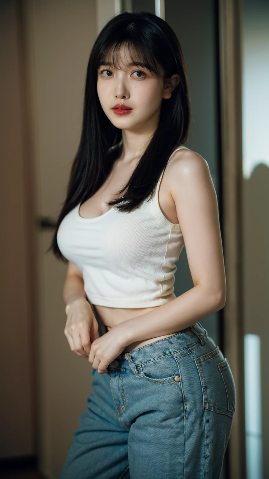 1girl, woman, masterpiece, best quality, highest quality, cinematic lighting, (volumetric lighting), extremely detailed CG unity 8k wallpaper, focused, 8k wallpaper, extremely detailed, ultra realistic, photorealistic, sharp focus, absurdres, (HDR:1.2), (high contrast), photograph, detailed and intricate, instagram, portrait, highly detailed, digital painting, artstation, concept art, smooth, sharp focus, illustration, cinematic lighting, ((Natural big breast, cleavage)), (((eyes looking at the viewer))), ((medium shoulder)), (skinny legs), (slender body), ((height 165cm)), (HQ skin:1.4, Realistic human body structure), (((hip level shot))), (wearing knit tank top, micro pants), ((standing)), ((Long hair)), (((show breast)))