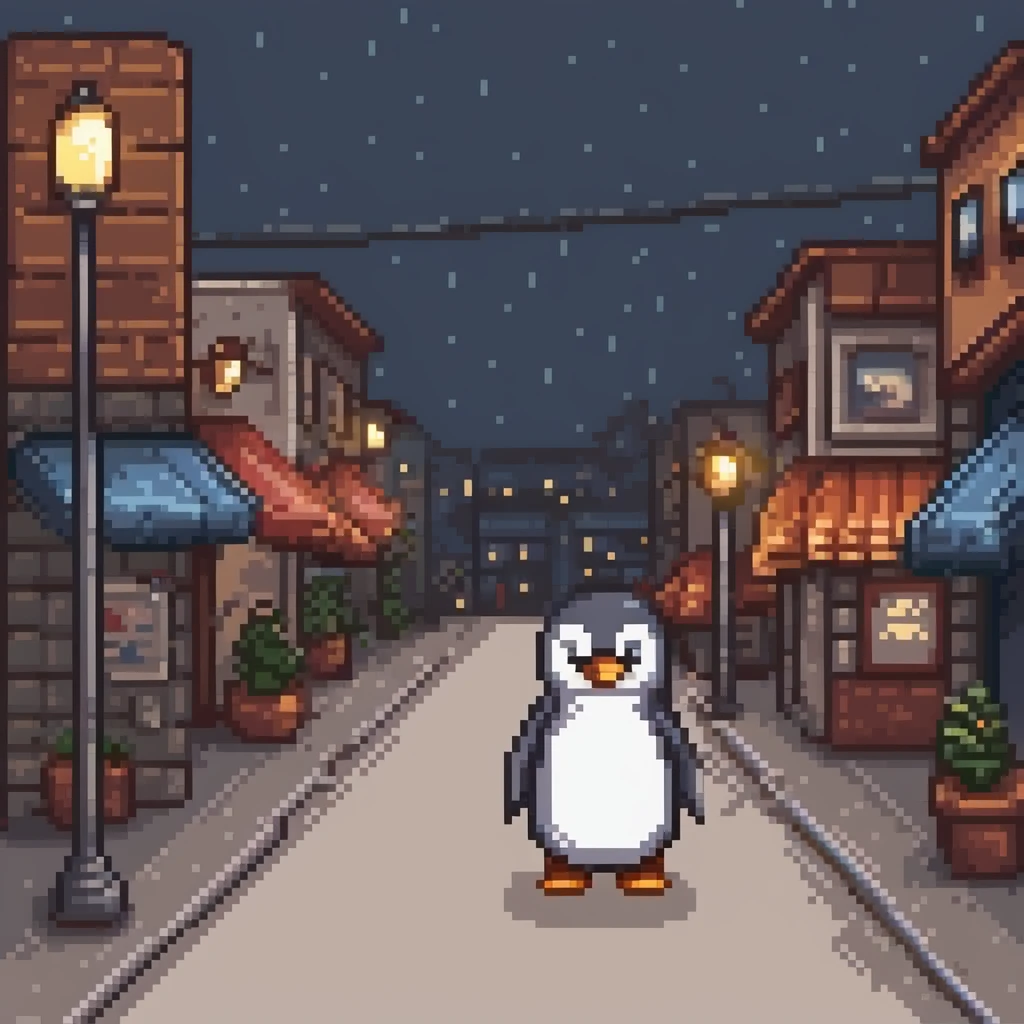 사랑스러운 clothes을 입은 펭귄, illustration, comic book, clothes, funny, big eyes, cute, pixel art, cute 마을에서, Pixel penguin in front of a small town with street lights