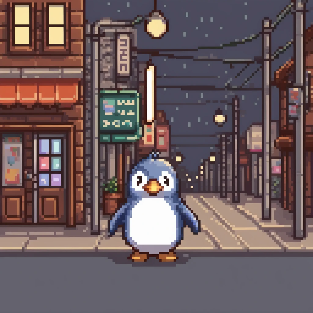 사랑스러운 clothes을 입은 펭귄, illustration, comic book, clothes, funny, big eyes, cute, pixel art, cute 마을에서, Pixel penguin in front of a small town with street lights