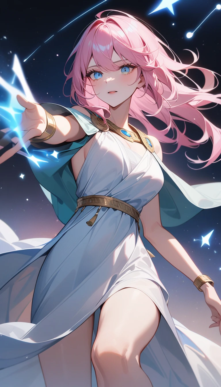 （Huang Li、high quality、Extremely detailed），Constellation - Virgo，Similar to Latin goodness，brave，capricious，Productivity，The face of enterprising and humanitarianism，Pink hair，Ancient Greek costumes、Wrap Dress，The background is the universe，Light crystal blue eyes（Eyes Details），Powerful appearance