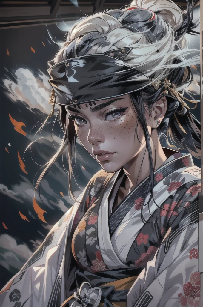 a powerful female samurai warrior, wearing a detailed black and white kimono with heavy ink outlines, freckles and a smirk on her full lips, blindfolded and looking down on the viewer with a serious expression, in a power stance with a bow, surrounded by clouds, dynamic high contrast lighting, detailed paint strokes, cartoony/JoJo style, close-up face, small breasts, soaked, (best quality,4k,8k,highres,masterpiece:1.2),ultra-detailed,(realistic,photorealistic,photo-realistic:1.37)