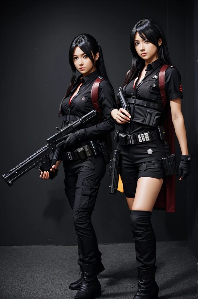 akame ga kil cosplay outfit, with gun in hands, dark background, Mine, cute, beautiful, high quality, 4k