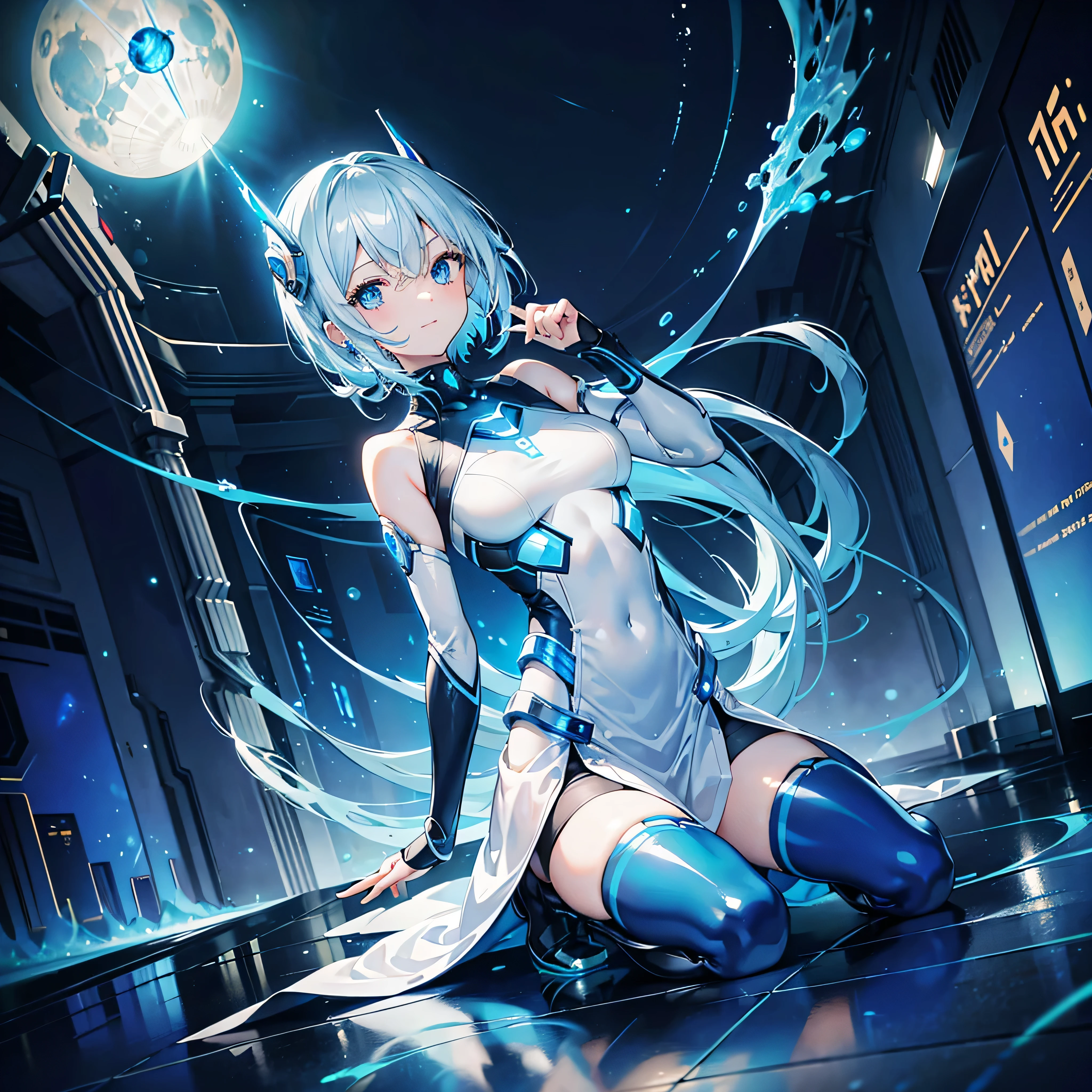 8K, Highest quality, (real:1.4), Original photo, 1 girl, Asari Hair, Biological Amplifier, Very sleek and futuristic armor, posture: Peace talks between warring factions,,attention arousal, smart blue eyes,A modest smile,Knee-high boots,Patent-look blue tights,Blue big moon and blue light swirl in the background,Blue light from behind,blue light magic,A small, glowing blue ball in the palm of your hand,Blue flame swirl,Blue Comet,Polished floor,