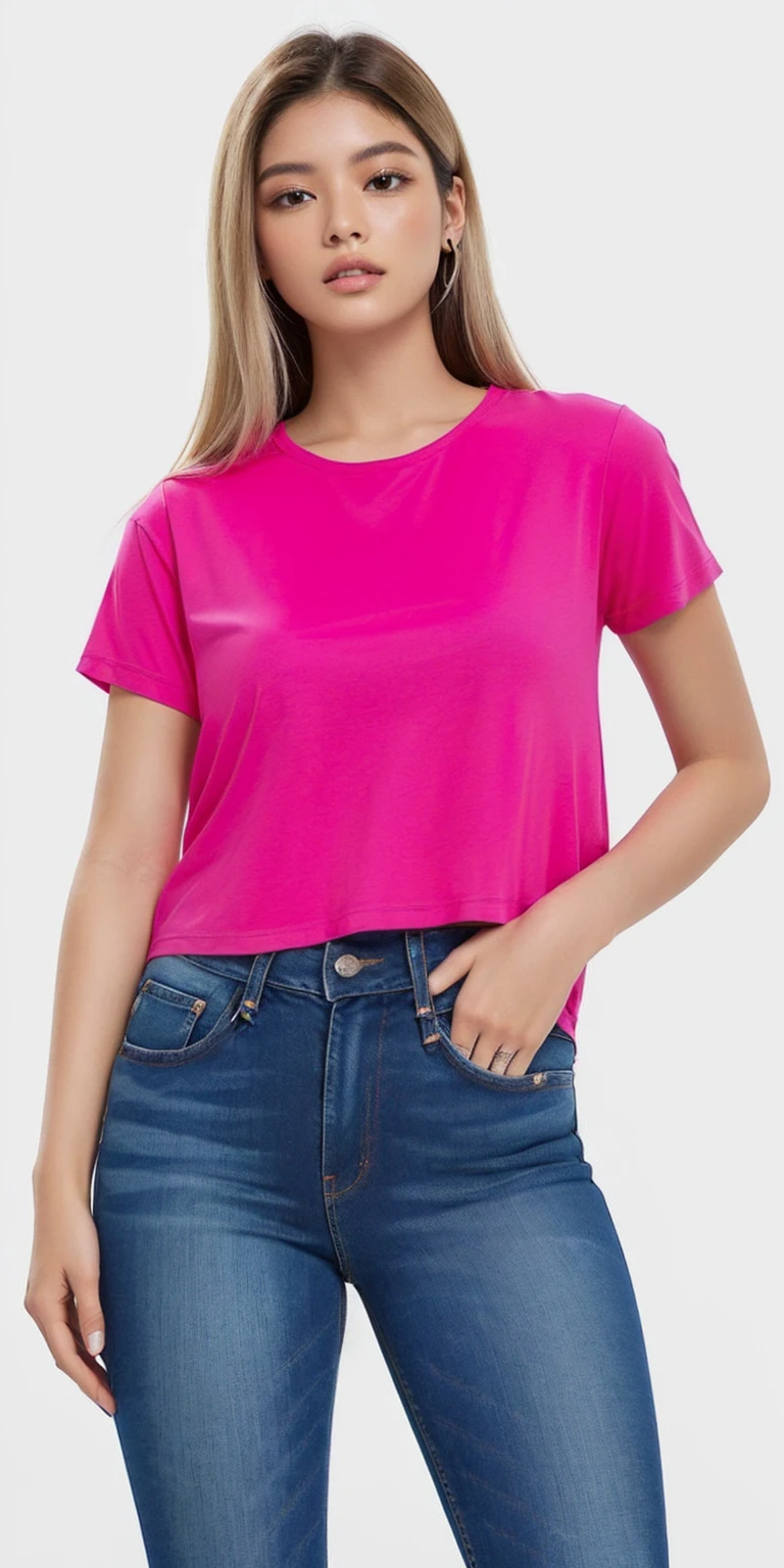 a woman wearing a rosa top and jeans, corte superior, rosa shirt, corte superior, neon rosa, hot rosa, camisa magenta, rosa, camiseta, camiseta, camiseta, with ripped crop camiseta, rosa clothes, rosa vibe, dayglo rosa, FÚCSIA, vibrant rosa, magenta, Roupa casual, rosa girl, ano 2 mil”