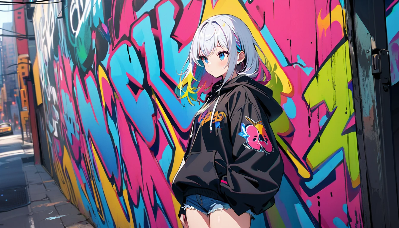 HD 8K Handsome cute, Solitary, 1 female, Medium Length Hair, white hair, Rainbow hair, blue Eyes, looking away, Rainbow headphone, hoodie, colored hoodie, black Trucker Hat, hip-hop style big hooded jacket, denim shorts, Human focus, HD 8K outdoor, White clouds, graffiti famous spray art wall in New York,