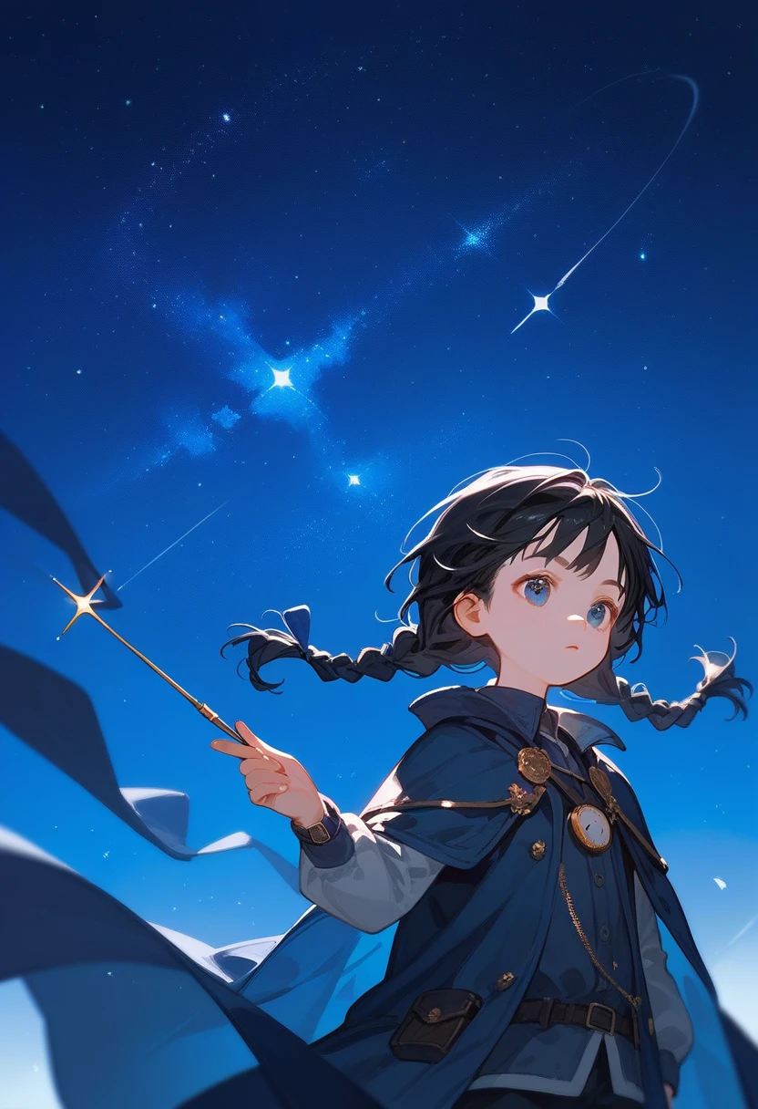 Second Dimension,juvenile,Western Fantasy,Black hair,Braids,Dark blue eyes,Blue cape,Starry Sky,time,pointer,Pocket Watch,