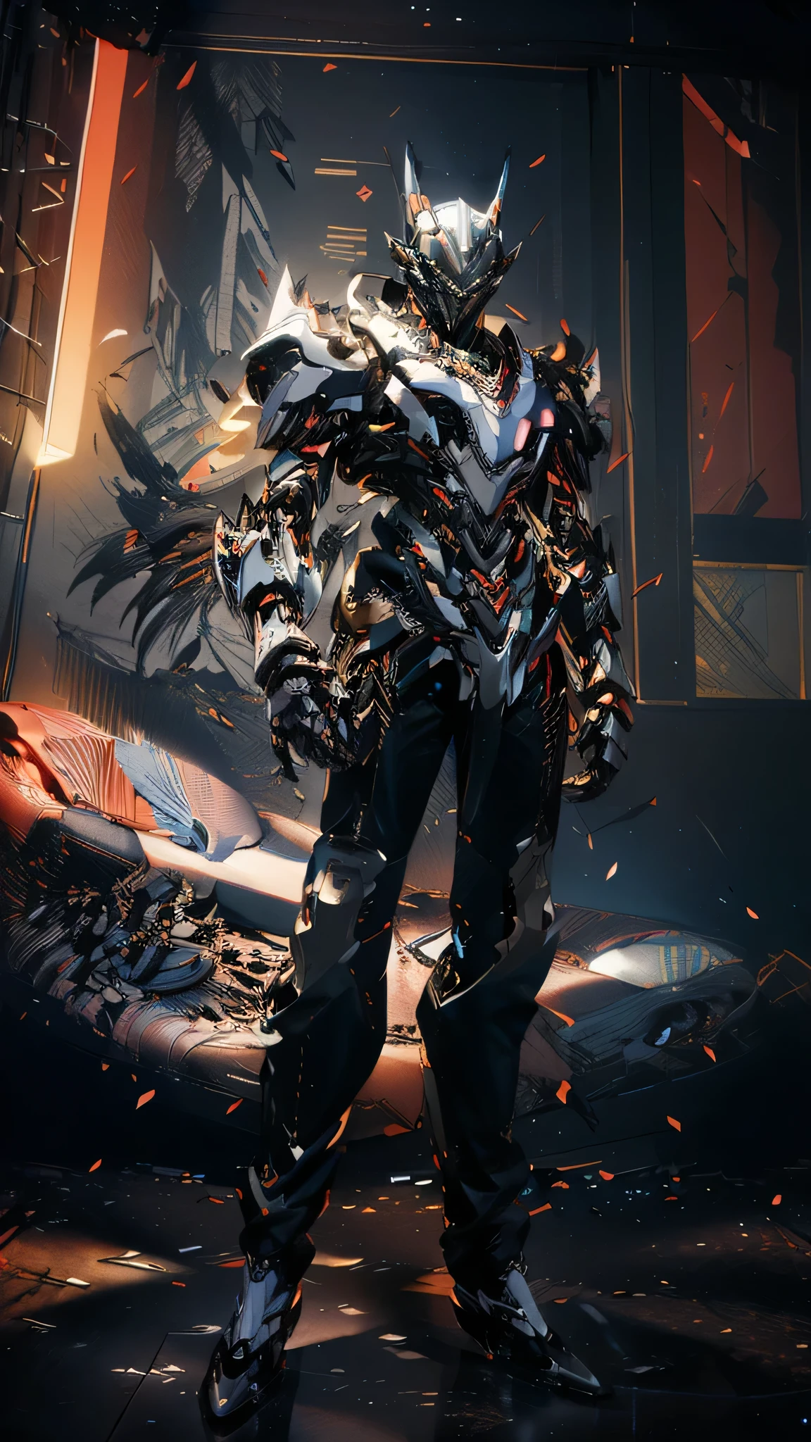 (Masterpiece, best quality:1.4), colorful, high contrast, Genos white shirt, Sleeveless, black pants, mechanical arm, glow, glow eyes, glow hand, stand, fighting posture