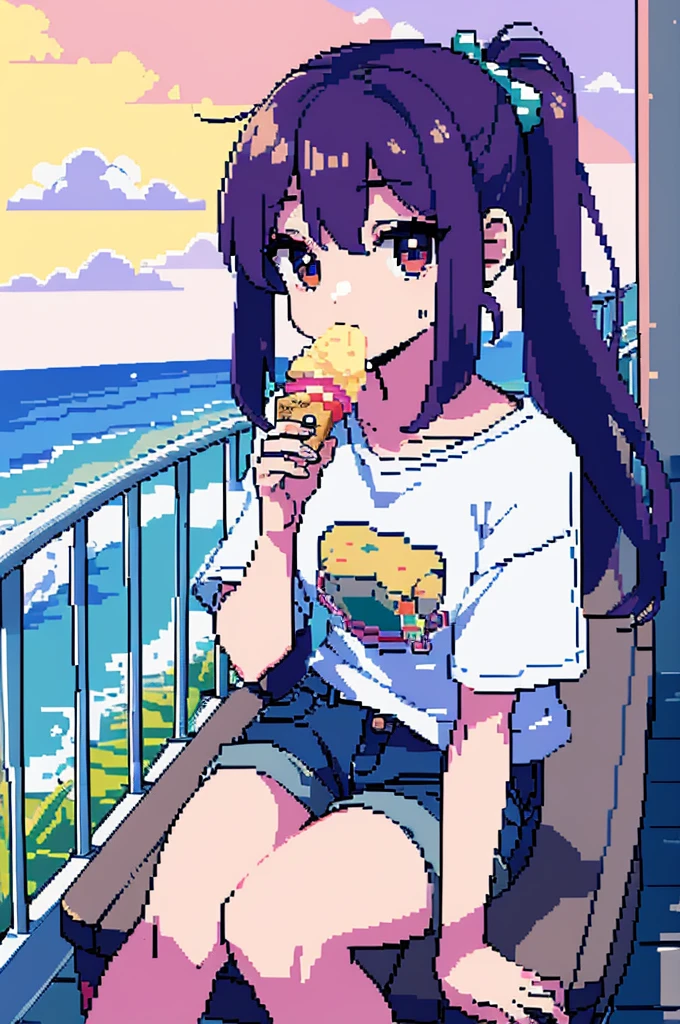 ((pixel art)) ((game)) one girl, wearing shorts and a t-shirt, eating an ice cream cone on the boardwalk, with the ocean in the background