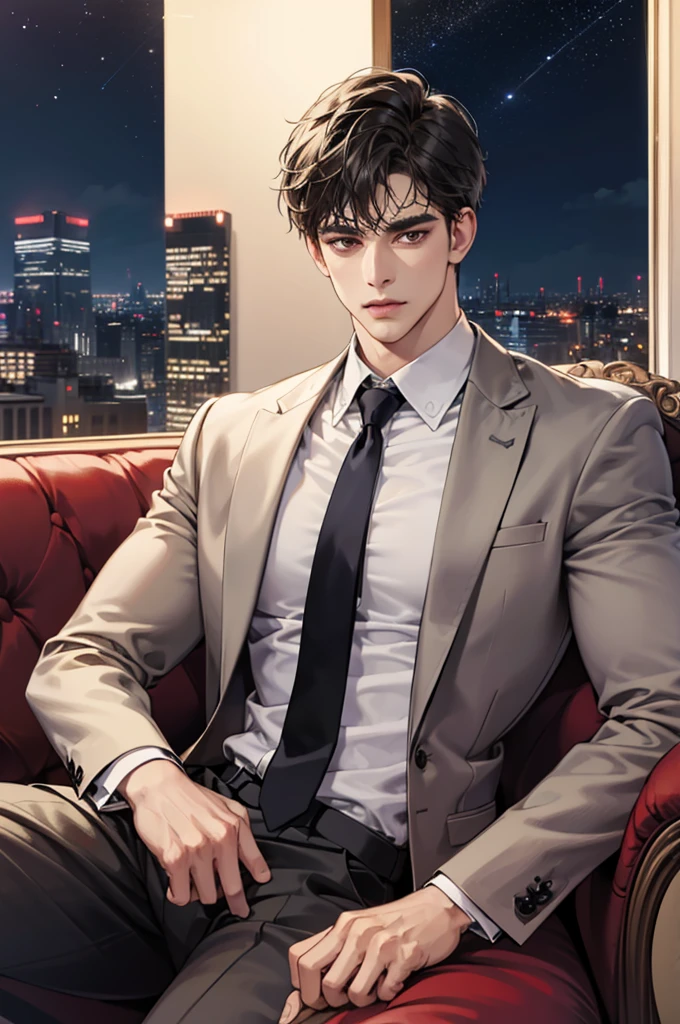 (absurdres, highres, ultra detailed, realistic, ), 1 male, solo, adult, mature, tall muscular guy, ,(sitting on a sofa,cross-legged), broad shoulders, handsome, very short hair, black hair, brown eyes, angular jaw, thick neck, thick eyebrows, night, dark, the night view of the city background, formal suit, necktie, upper body