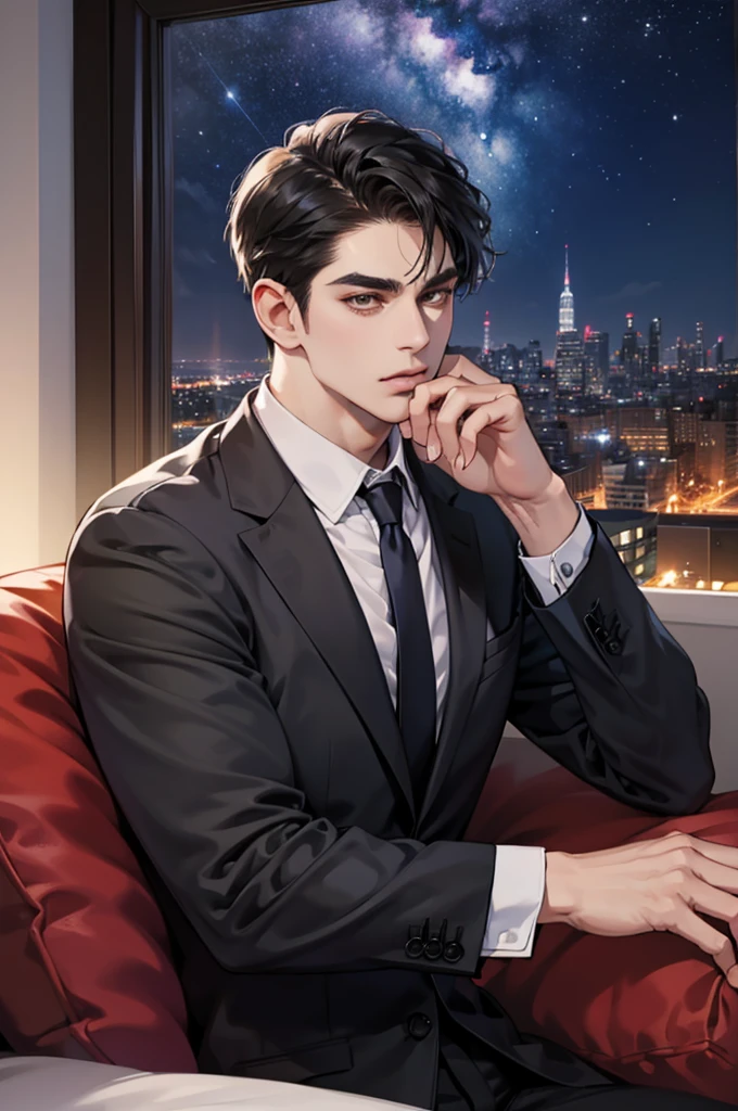 (absurdres, highres, ultra detailed, realistic, ), 1 male, solo, adult, mature, tall muscular guy, ,（sitting on a sofa,cross-legged）, broad shoulders, handsome, very short hair, black hair, brown eyes, angular jaw, thick neck, thick eyebrows, night, dark, the night view of the city background, formal suit, necktie, upper body