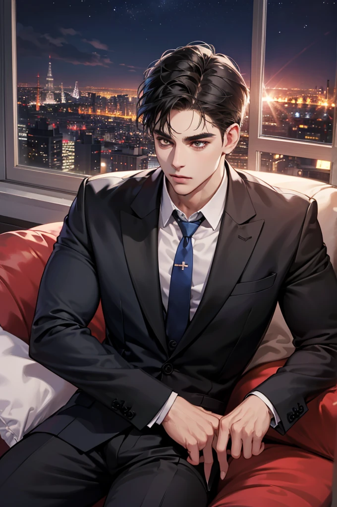 (absurdres, highres, ultra detailed, realistic, ), 1 male, solo, adult, mature, tall muscular guy, ,(sitting on a sofa,cross-legged), broad shoulders, handsome, very short hair, black hair, brown eyes, angular jaw, thick neck, thick eyebrows, night, dark, the night view of the city background, formal suit, necktie, upper body