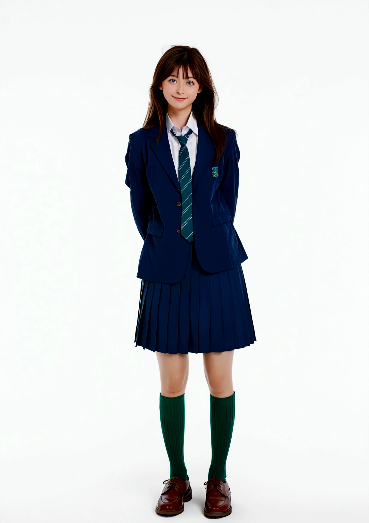 1girl, solo, long hair, smile, blue eyes, skirt, simple background, brown hair, white background, school uniform, standing, jacket, full body, pleated skirt, necktie, shoes, socks, blue skirt, brown footwear, arms behind back, blazer, blue jacket, green necktie