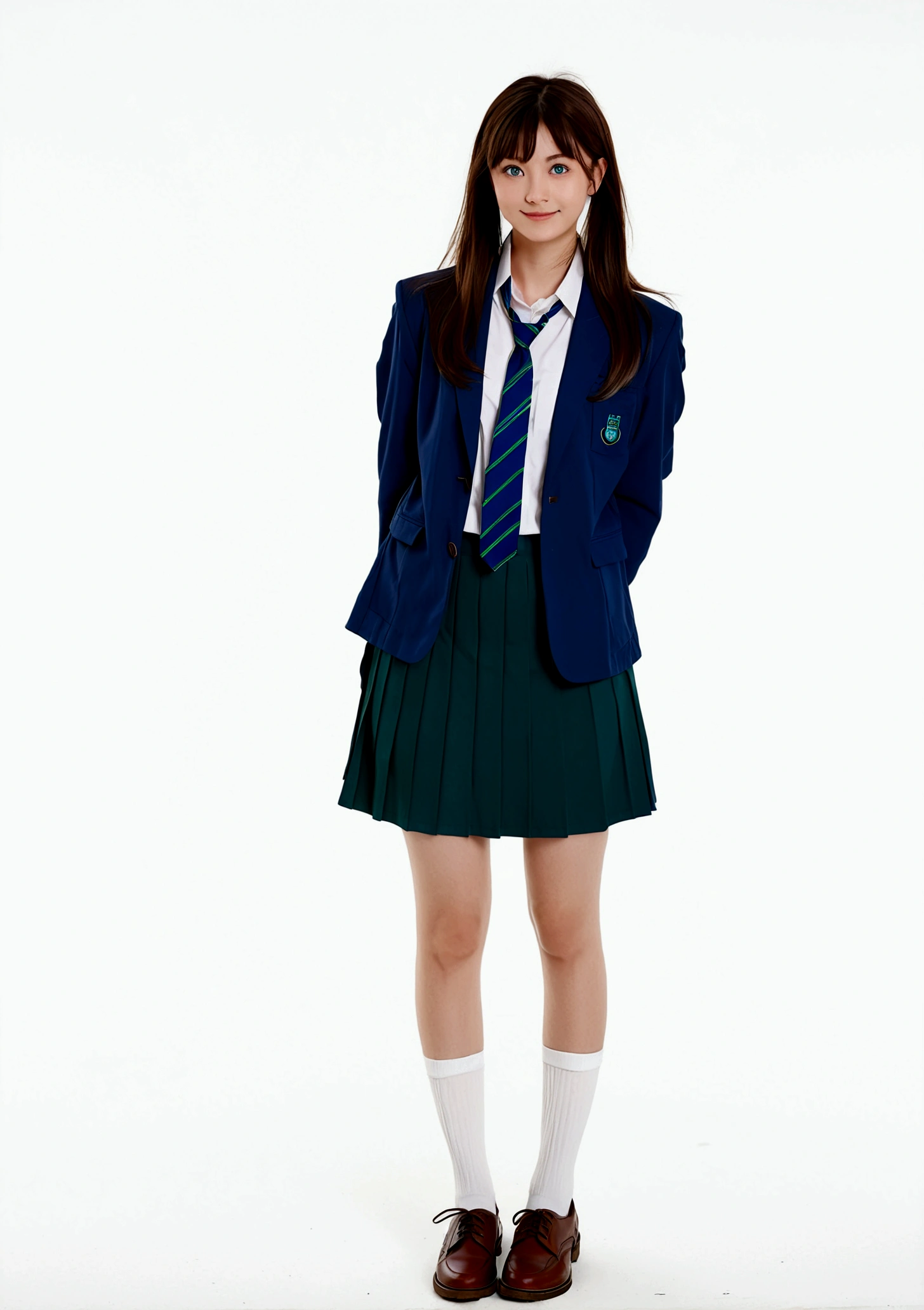 1girl, solo, long hair, smile, blue eyes, skirt, simple background, brown hair, white background, school uniform, standing, jacket, full body, pleated skirt, necktie, shoes, socks, blue skirt, brown footwear, arms behind back, blazer, blue jacket, green necktie