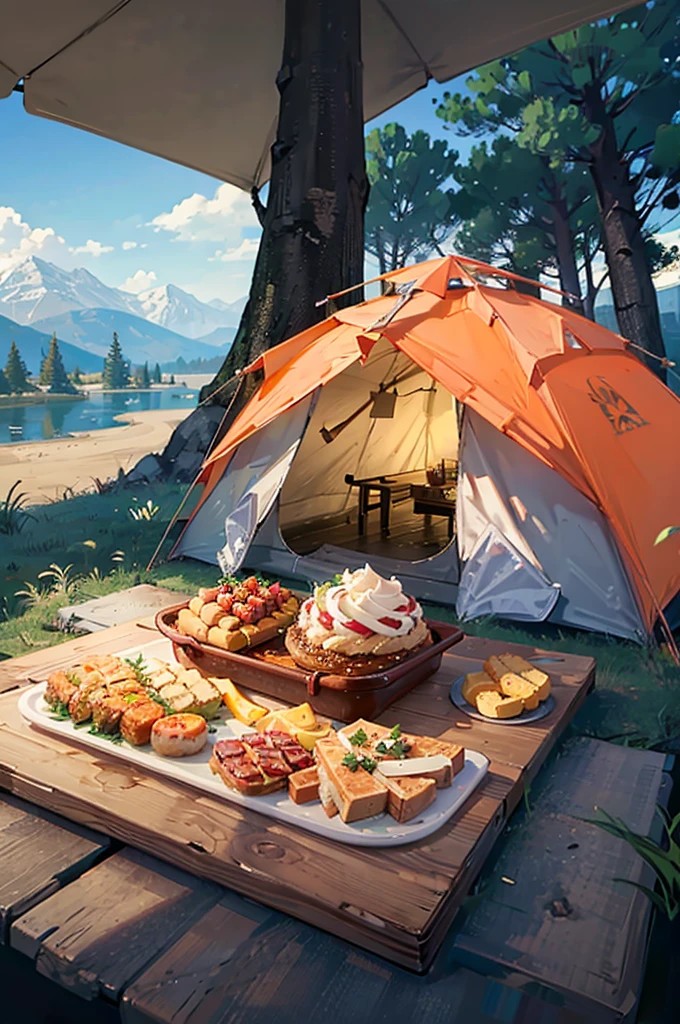 camping，Automatic tent，table，gourmet food，Vision，4K，Park Tent