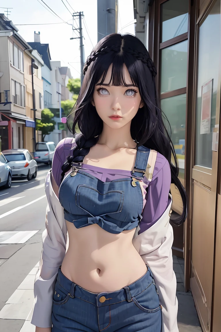 tmasterpiece， best qualityer， ultra - detailed， illustration，1girll，
long whitr hair，dark-blue hair，french braid，Purple eye，bluntbangs，cleavage，Large breasts
shirt，（jeans overalls：1.1），
mideum breasts， 
looking at viewert，hyouka/（Boruto/），Detailed lips