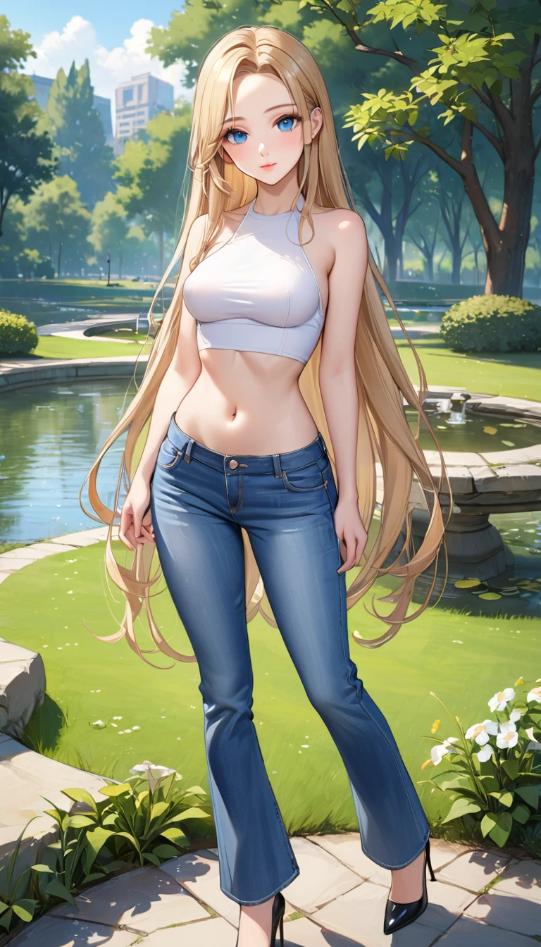 ((best quality, masterpiece:1.3, 8K)), (detailed), highly detailed face and skin texture, detailed eyes, (seductive pose:1.1), park, pond, full body, (slender body:1.1), 1girl, 25 years old, white skin, blue eyes, bright lips, seductive smile, blonde hair, straight hair, very long hair, (forehead:1.0), bright colored clothes, white croptop, medium breast, hard nipples, navel, jeans pants, flares jeans, sky blue jeans, black heels,