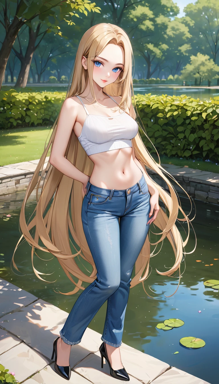 ((best quality, masterpiece:1.3, 8K)), (detailed), highly detailed face and skin texture, detailed eyes, downtown, full body, slender body, 1girl, 25 years old, white skin, blue eyes, bright lips, worried, embarrassed, blond hair, straight hari, very long hair, (forehead:0.8), (white croptop:1.2), no sleeves, navel, (jeans pants:1.2, flares jeans:1.2, blue jeans:1.4), black heels, peeing jeans, peeing pants, pee stain:1.2, (wetting herself:1.3), desperation,
