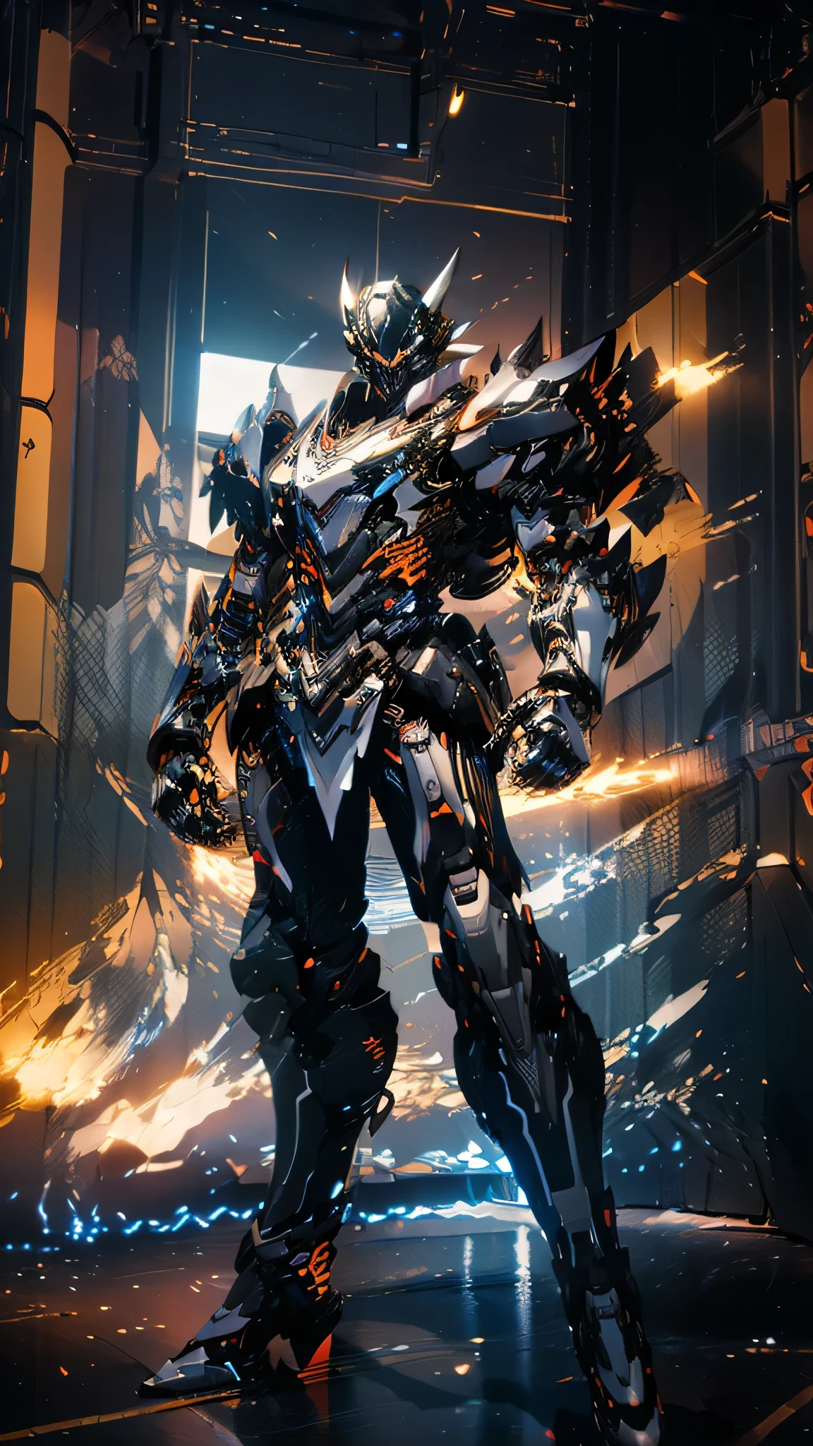 (Masterpiece, best quality:1.4), colorful, high contrast, Genos white shirt, Sleeveless, black pants, mechanical arm, glow, glow eyes, glow hand, stand, fighting posture