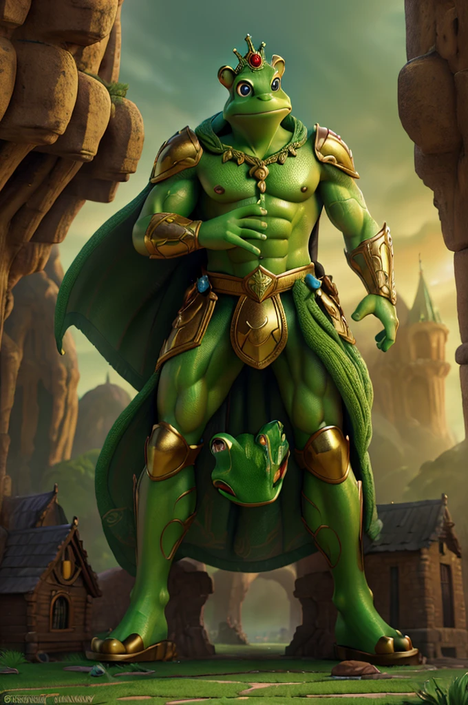 muscular green weredragon, enormous muscles, climbing down beanstalk, barbarian god king, golden armor, gold crown, brown and golden bracelets, brown sandals, village forest background, highly detailed, intricate muscular body, cinematic lighting, dramatic pose, fairytale fantasy, hyper realistic, 8k, photo cartoon