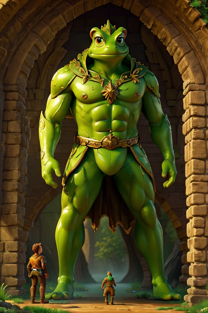 a giant green frog prince, golden armor, big castle background, fairytale, muscular body, highly detailed, 8k, intricate details, cinematic lighting, dramatic composition, fantasy art, vibrant colors, rich textures, hyper realistic, epic scale, magical realism, art by greg rutkowski and lois van baarle