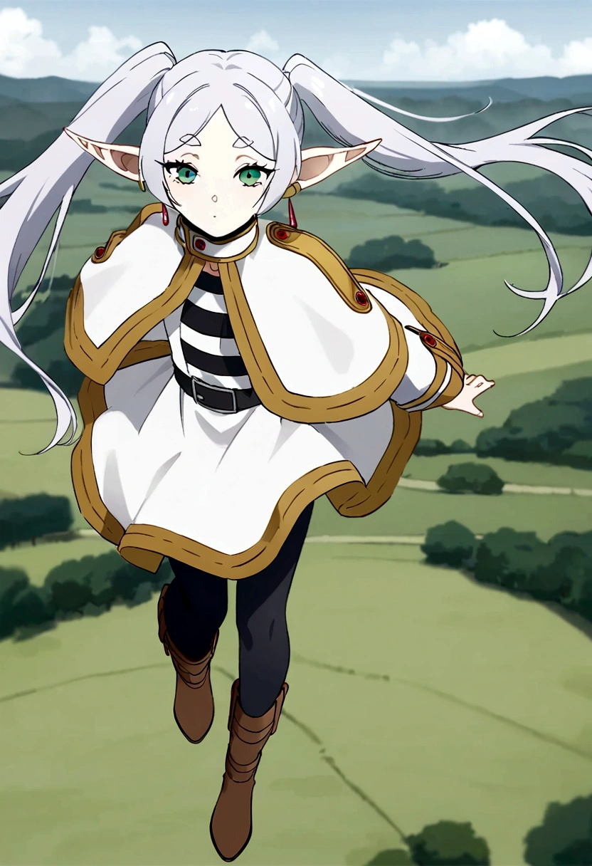 nereirfpnxl, frieren, pointy ears, 1girl, twintails, Wizard Elf, pale cisle hair collar, black pantyhose, boots, brown footwear, white jacket, white skirt, abyssal green eyes, expressionless, scenery, rural, floating down from the sky, floating clothes, from above, best quality, masterpiece, high quality, extremely detailed CG unity 8k wallpaper, cover page,