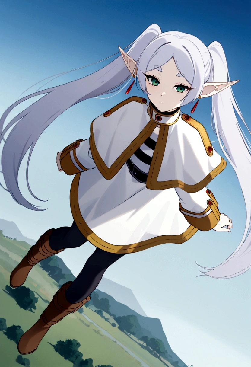 nereirfpnxl, frieren, pointy ears, 1girl, twintails, Wizard Elf, pale cisle hair collar, black pantyhose, boots, brown footwear, white jacket, white skirt, abyssal green eyes, expressionless, scenery, rural, floating down from the sky, floating clothes, from above, best quality, masterpiece, high quality, extremely detailed CG unity 8k wallpaper, cover page,