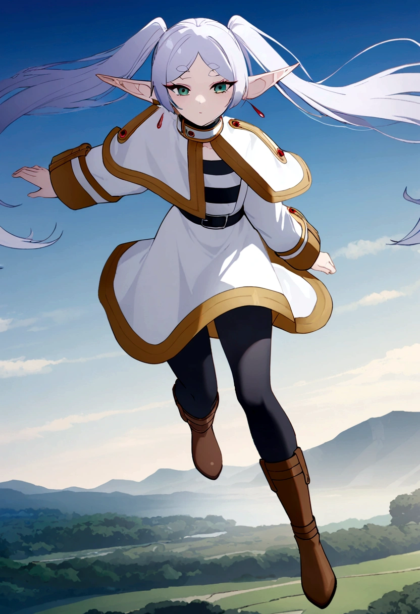 nereirfpnxl, frieren, pointy ears, 1girl, twintails, Wizard Elf, pale cisle hair collar, black pantyhose, boots, brown footwear, white jacket, white skirt, abyssal green eyes, expressionless, scenery, rural, floating down from the sky, floating clothes, from above, best quality, masterpiece, high quality, extremely detailed CG unity 8k wallpaper, cover page,